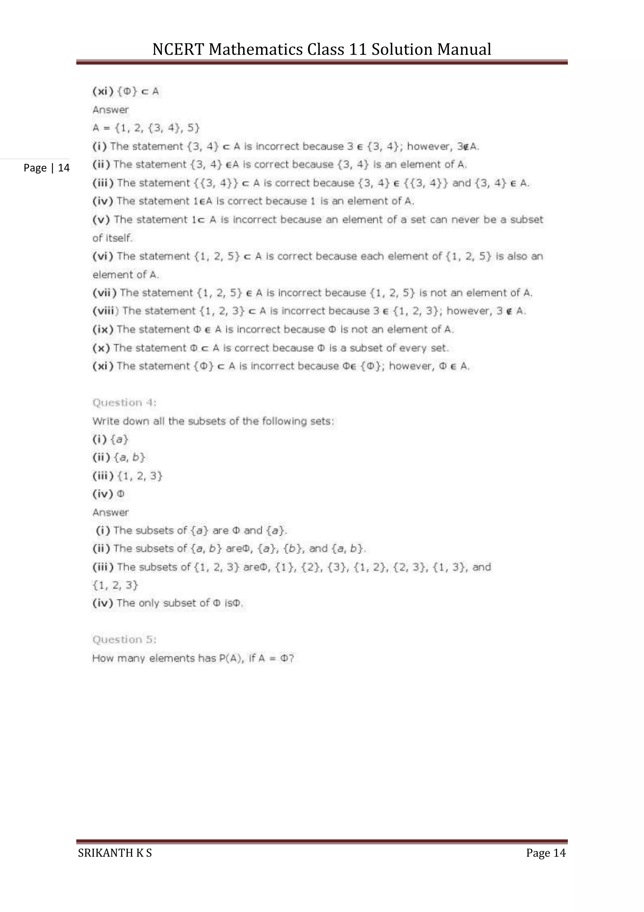 NCERT Mathematics Class 11 Solution Manual
SRIKANTH K S Page 14
Page | 14
 