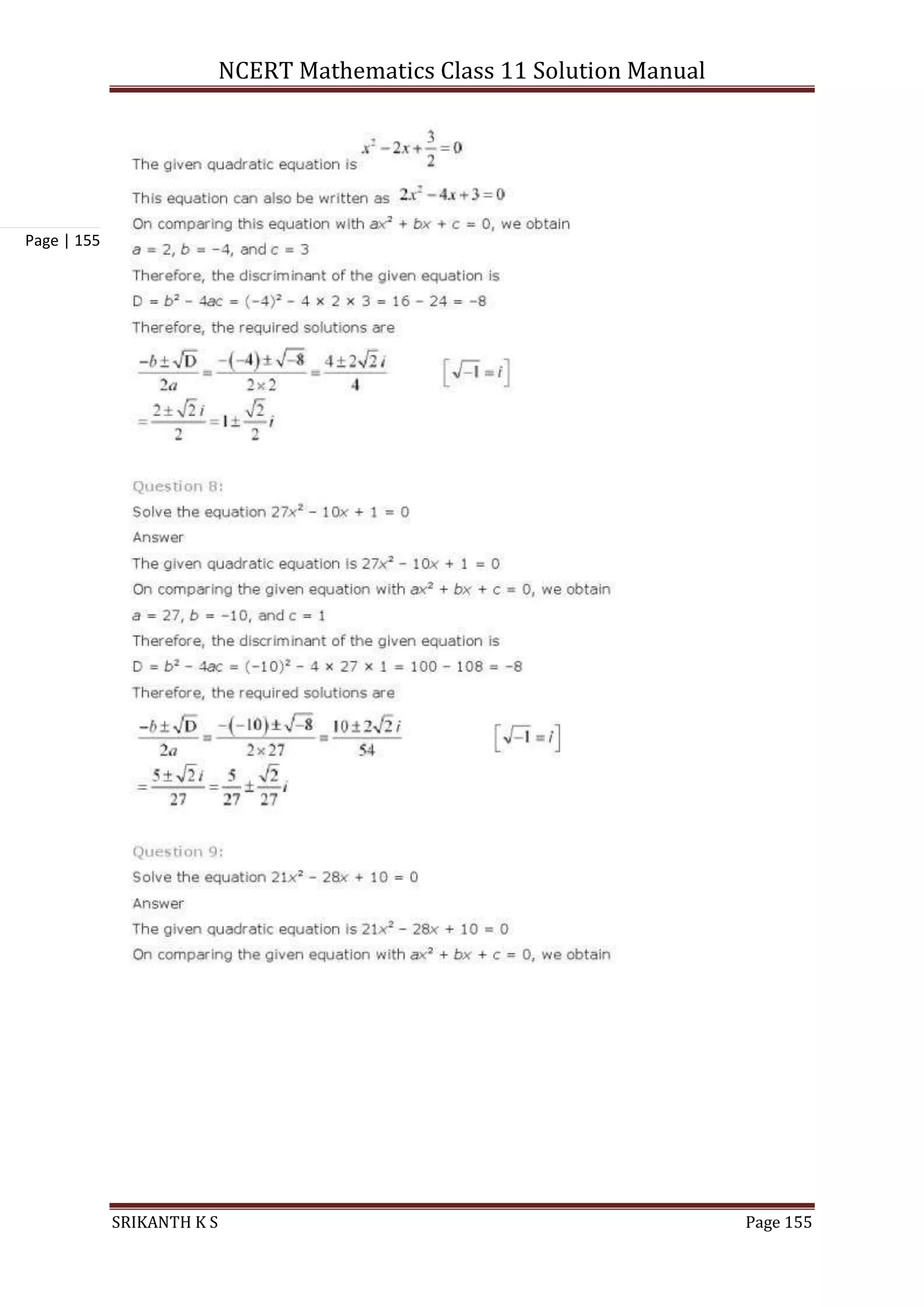 NCERT Mathematics Class 11 Solution Manual
SRIKANTH K S Page 155
Page | 155
 