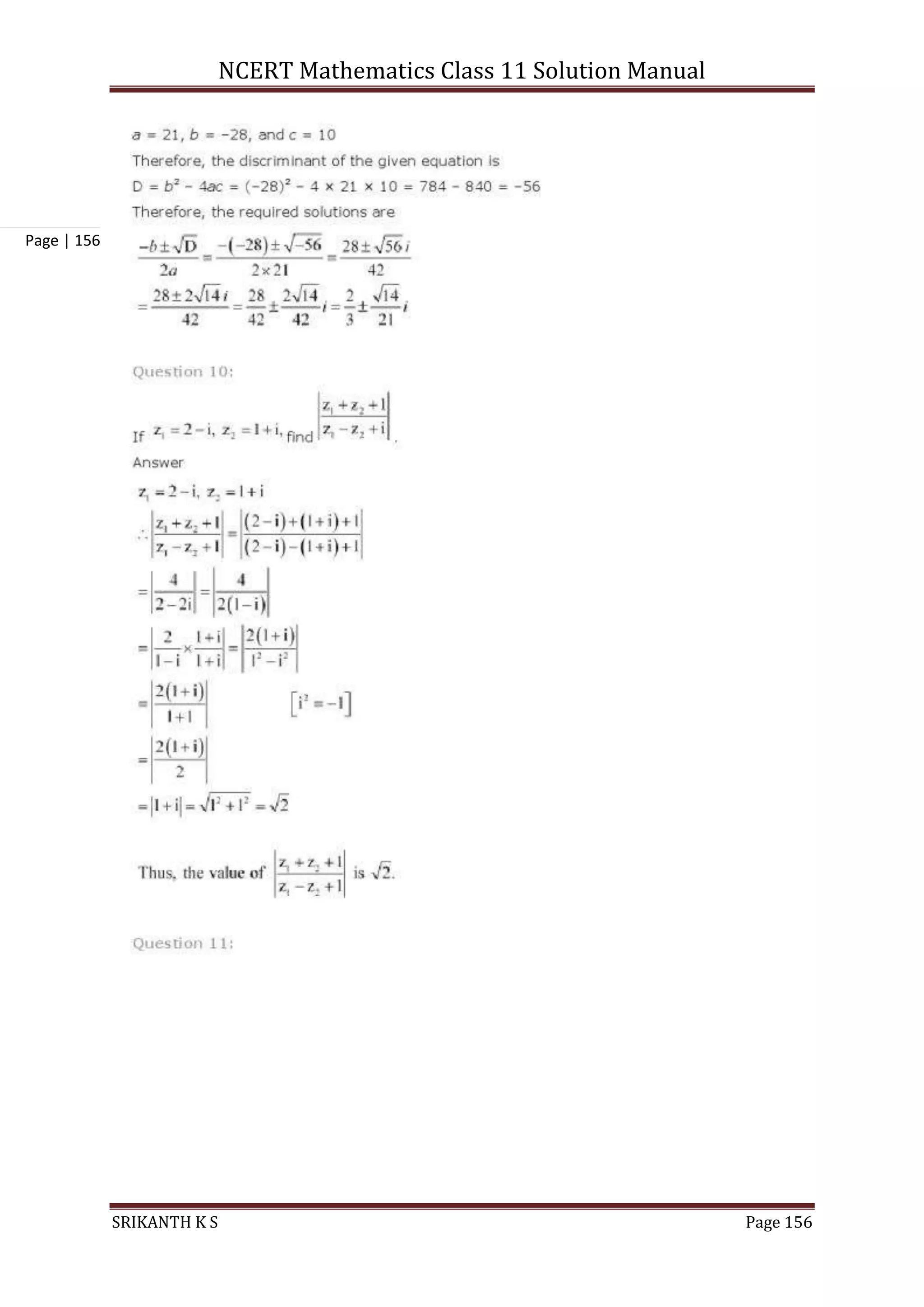 NCERT Mathematics Class 11 Solution Manual
SRIKANTH K S Page 156
Page | 156
 