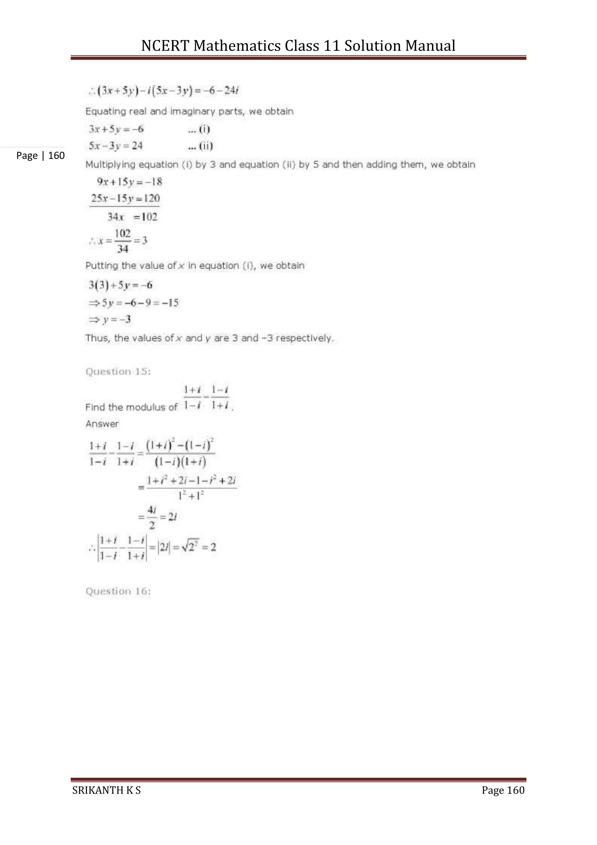 NCERT Mathematics Class 11 Solution Manual
SRIKANTH K S Page 160
Page | 160
 