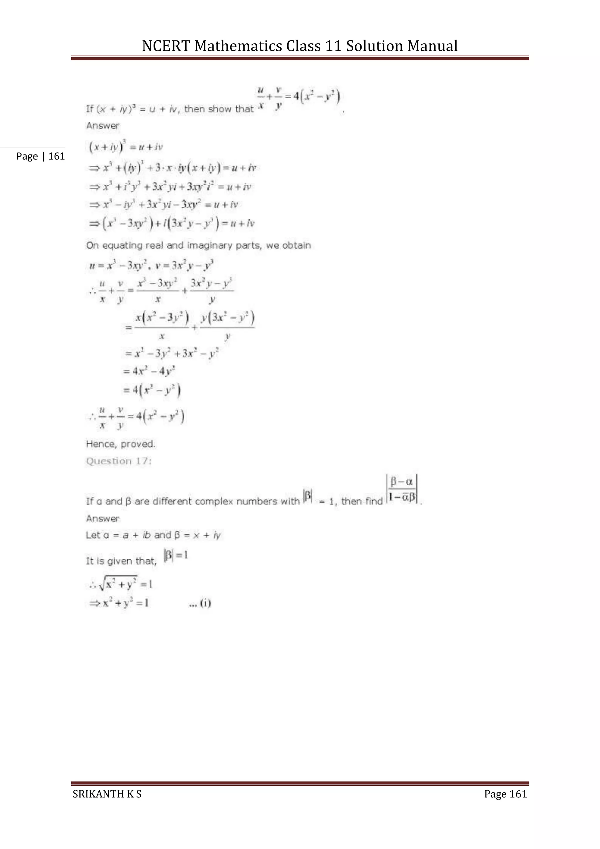 NCERT Mathematics Class 11 Solution Manual
SRIKANTH K S Page 161
Page | 161
 