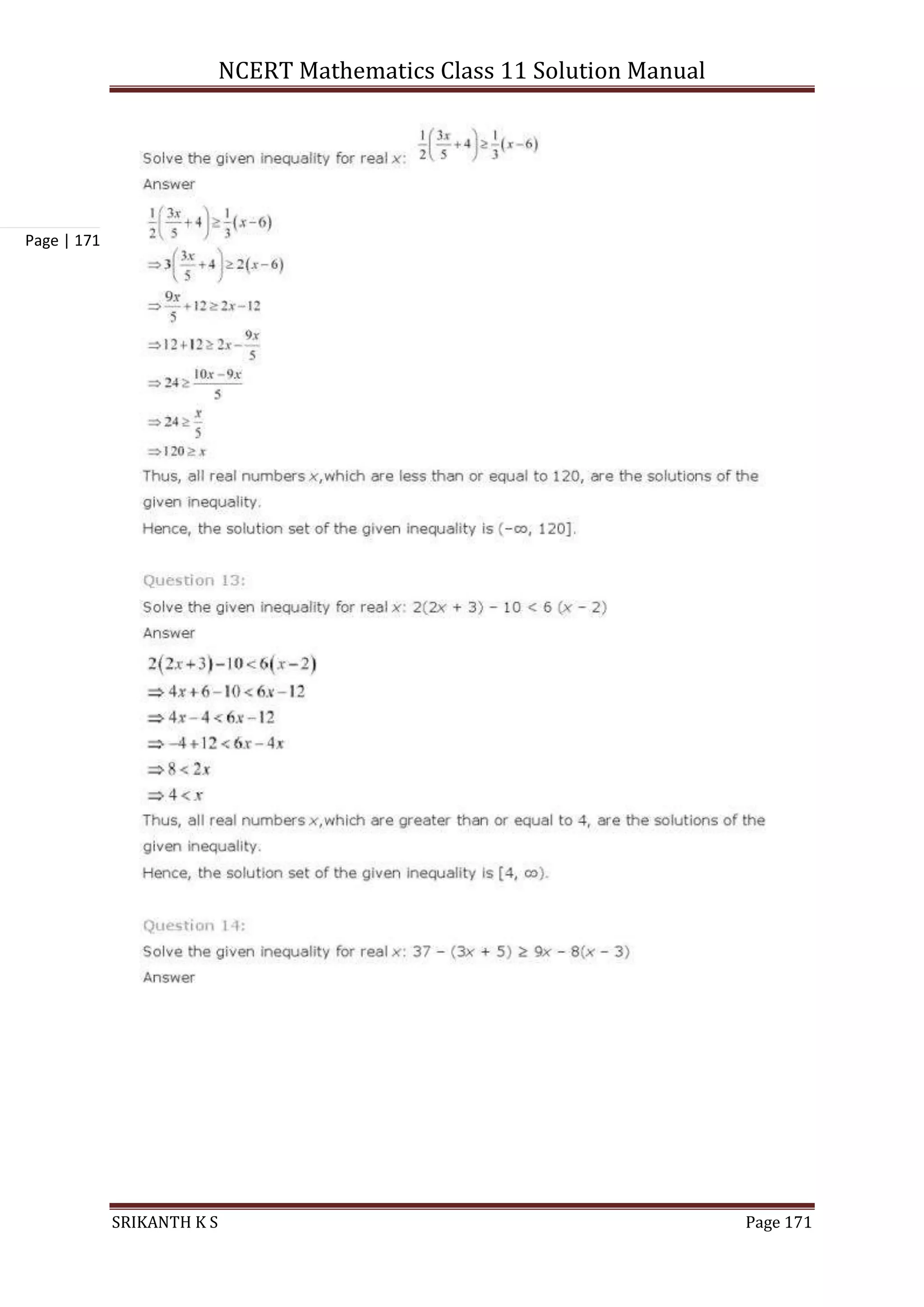 NCERT Mathematics Class 11 Solution Manual
SRIKANTH K S Page 171
Page | 171
 