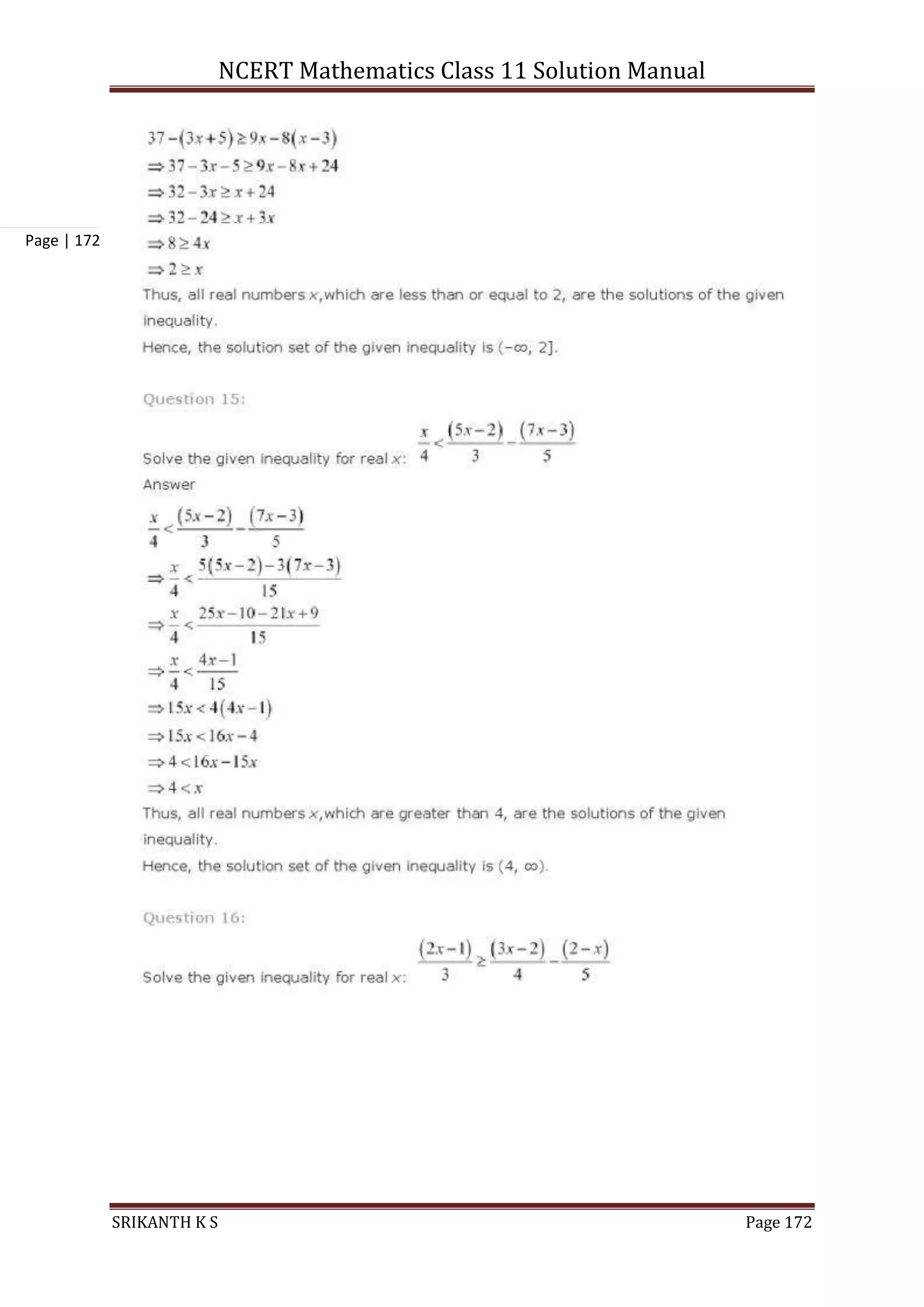 NCERT Mathematics Class 11 Solution Manual
SRIKANTH K S Page 172
Page | 172
 