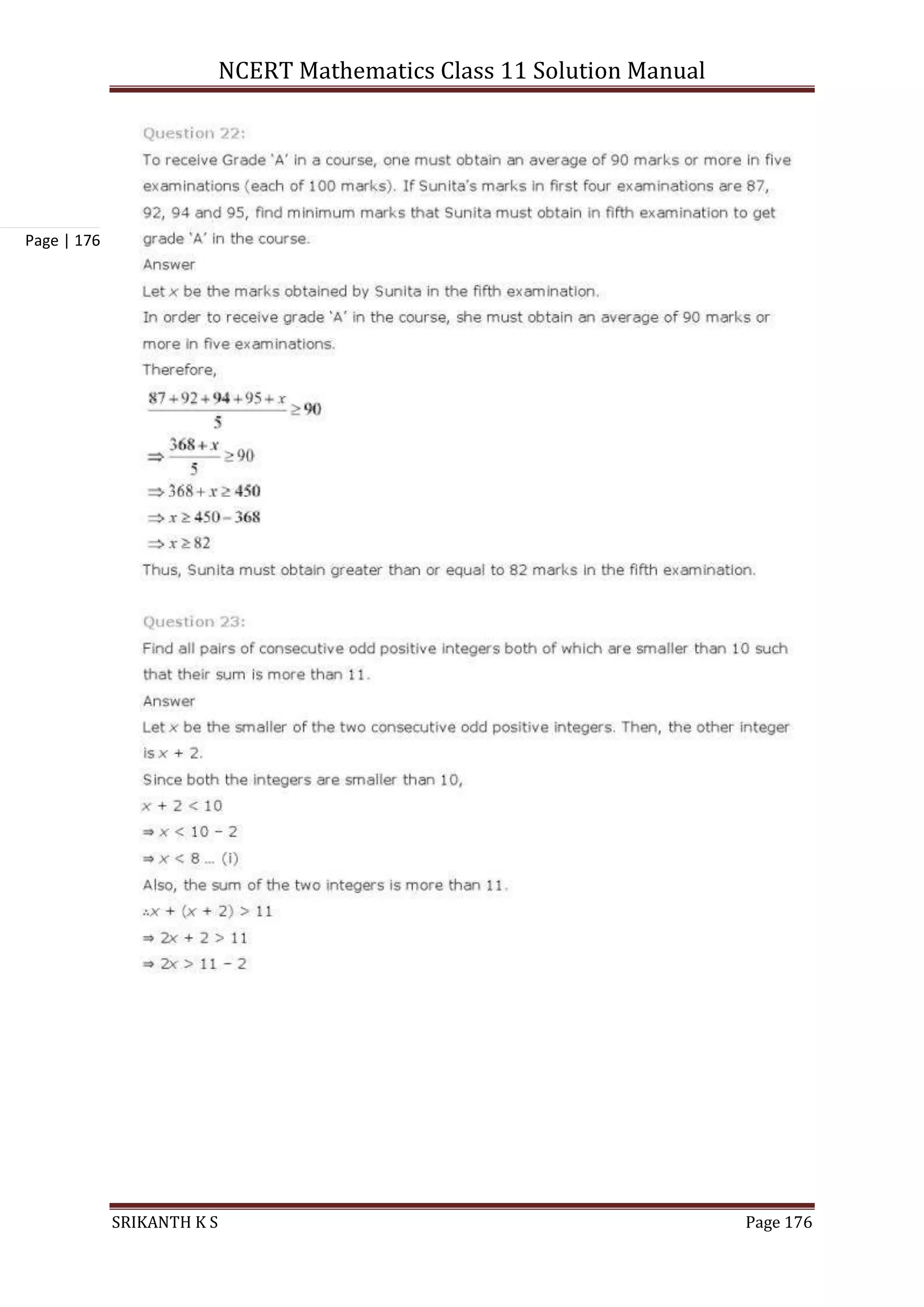 NCERT Mathematics Class 11 Solution Manual
SRIKANTH K S Page 176
Page | 176
 