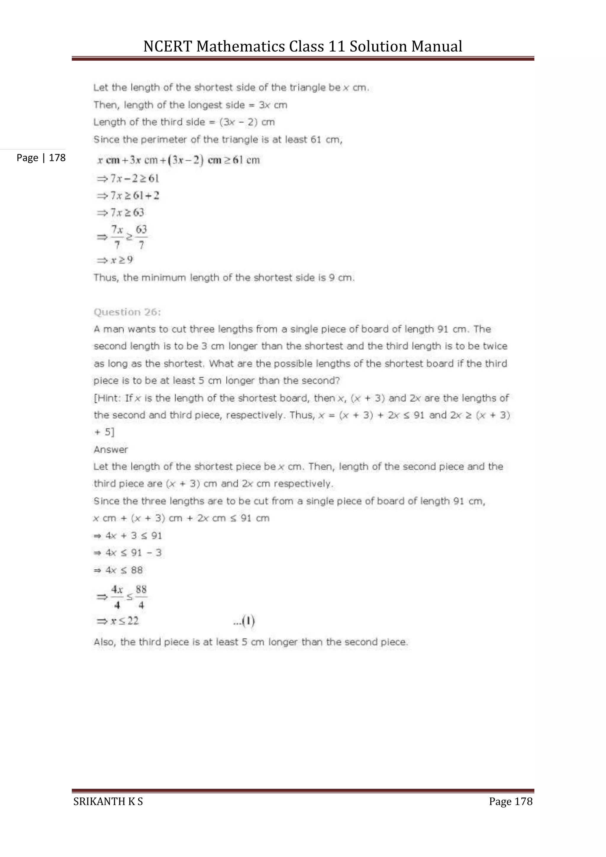 NCERT Mathematics Class 11 Solution Manual
SRIKANTH K S Page 178
Page | 178
 