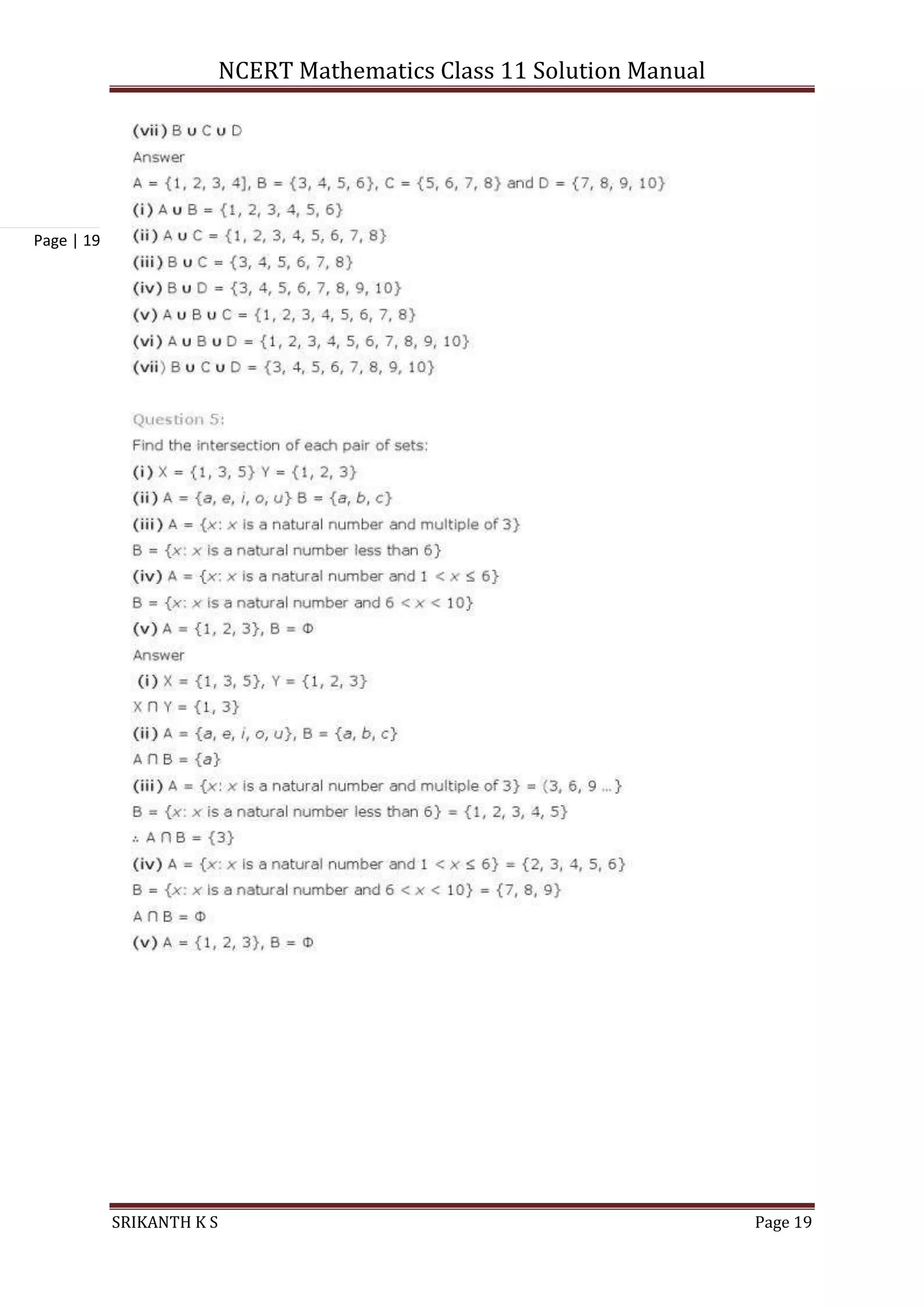 NCERT Mathematics Class 11 Solution Manual
SRIKANTH K S Page 19
Page | 19
 