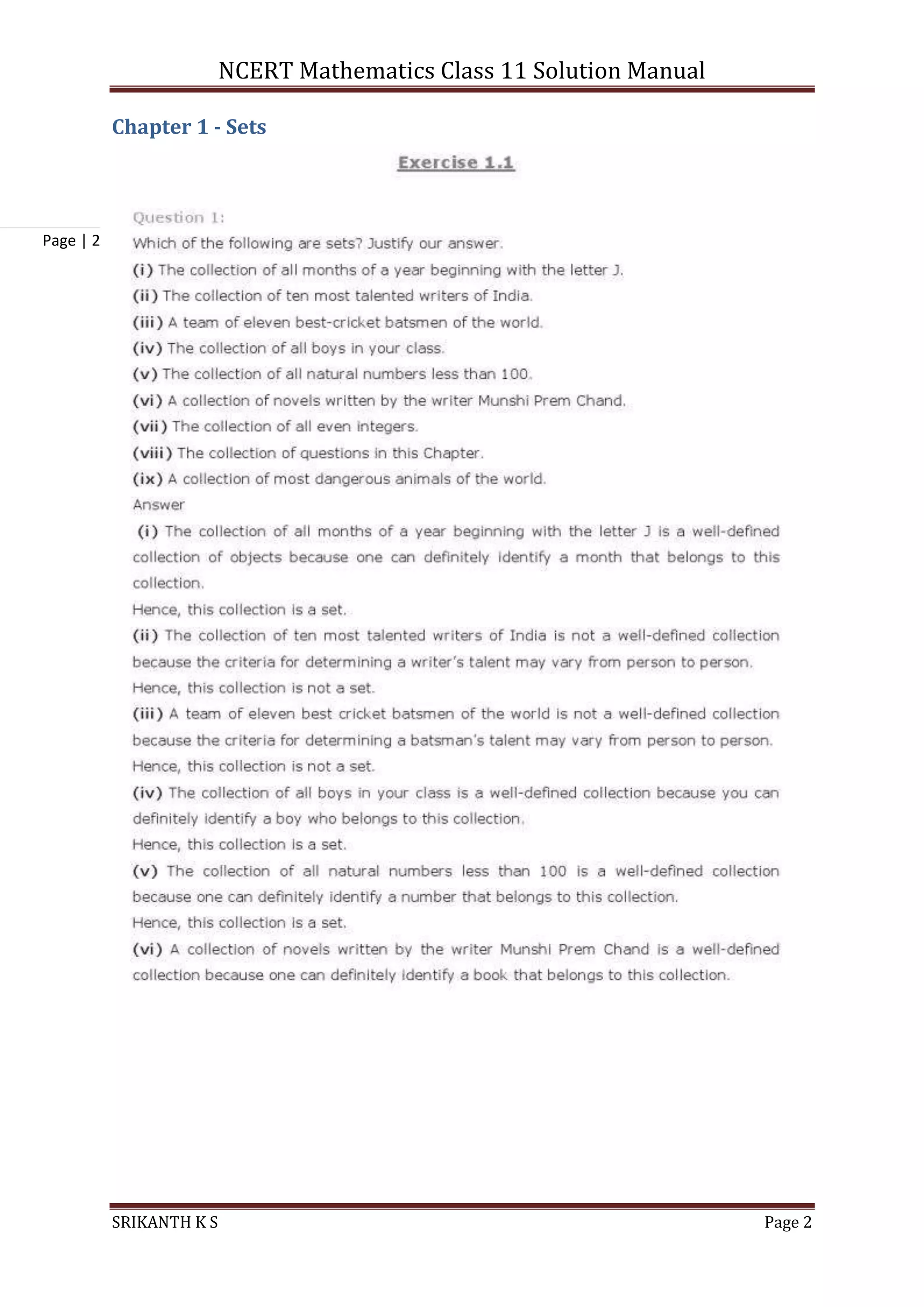 NCERT Mathematics Class 11 Solution Manual
SRIKANTH K S Page 2
Page | 2
Chapter 1 - Sets
 