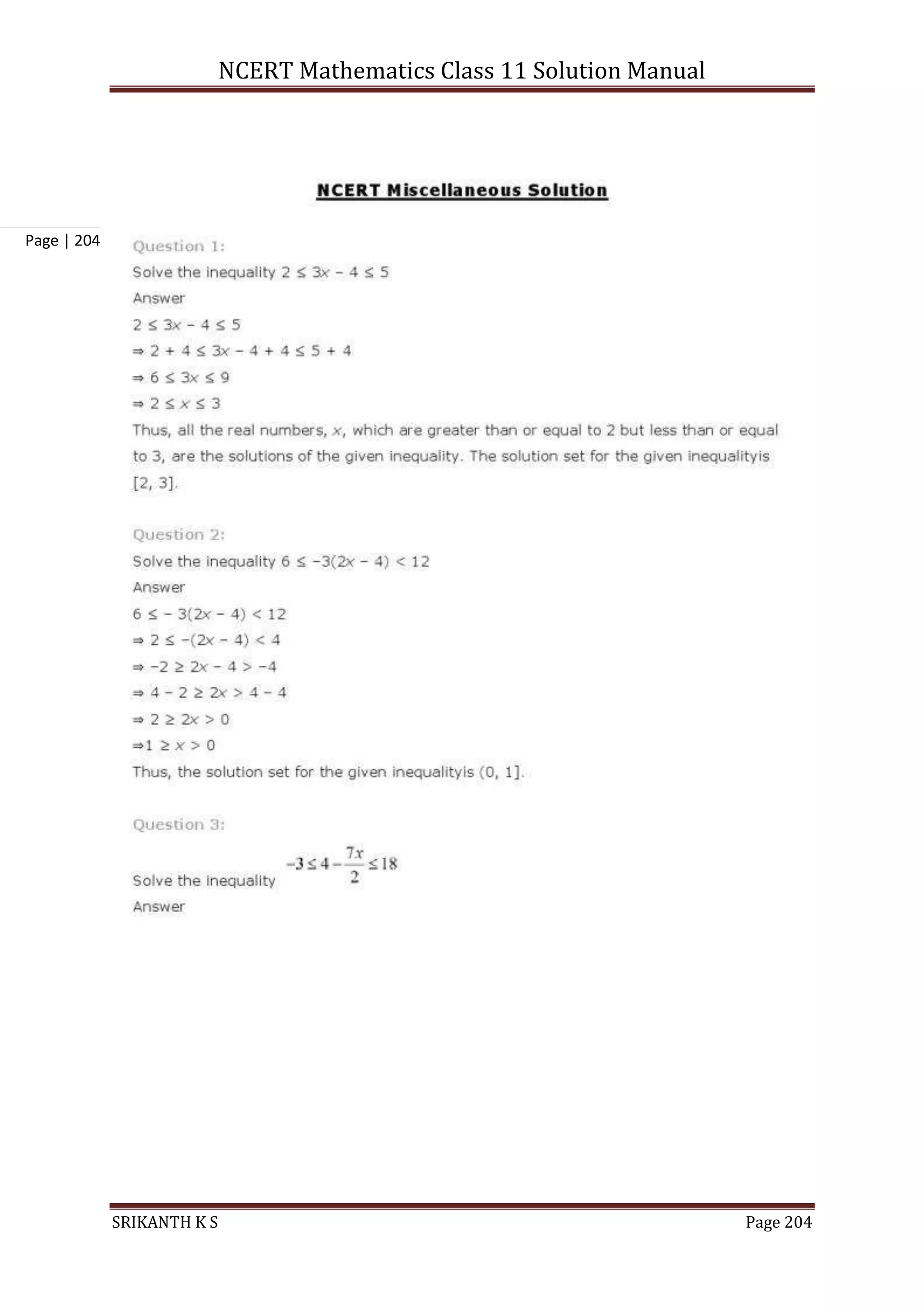 NCERT Mathematics Class 11 Solution Manual
SRIKANTH K S Page 204
Page | 204
 