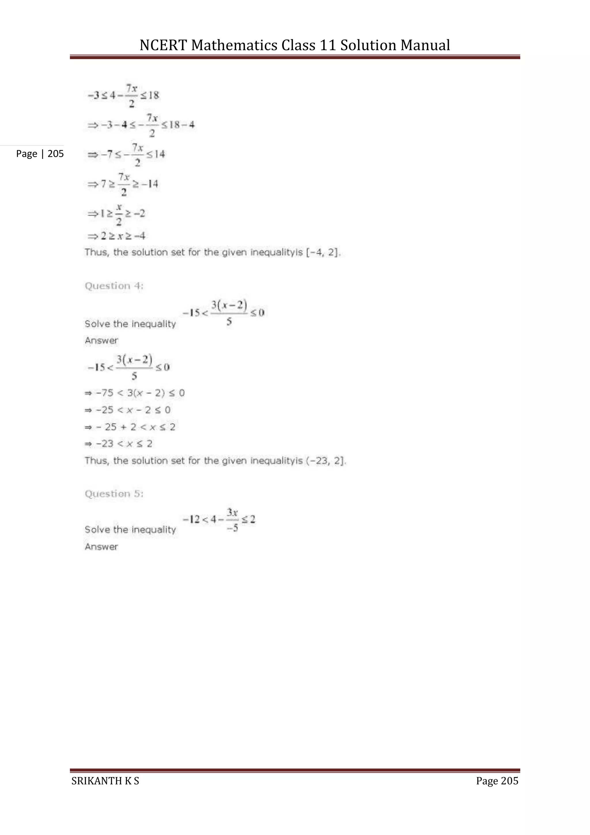 NCERT Mathematics Class 11 Solution Manual
SRIKANTH K S Page 205
Page | 205
 