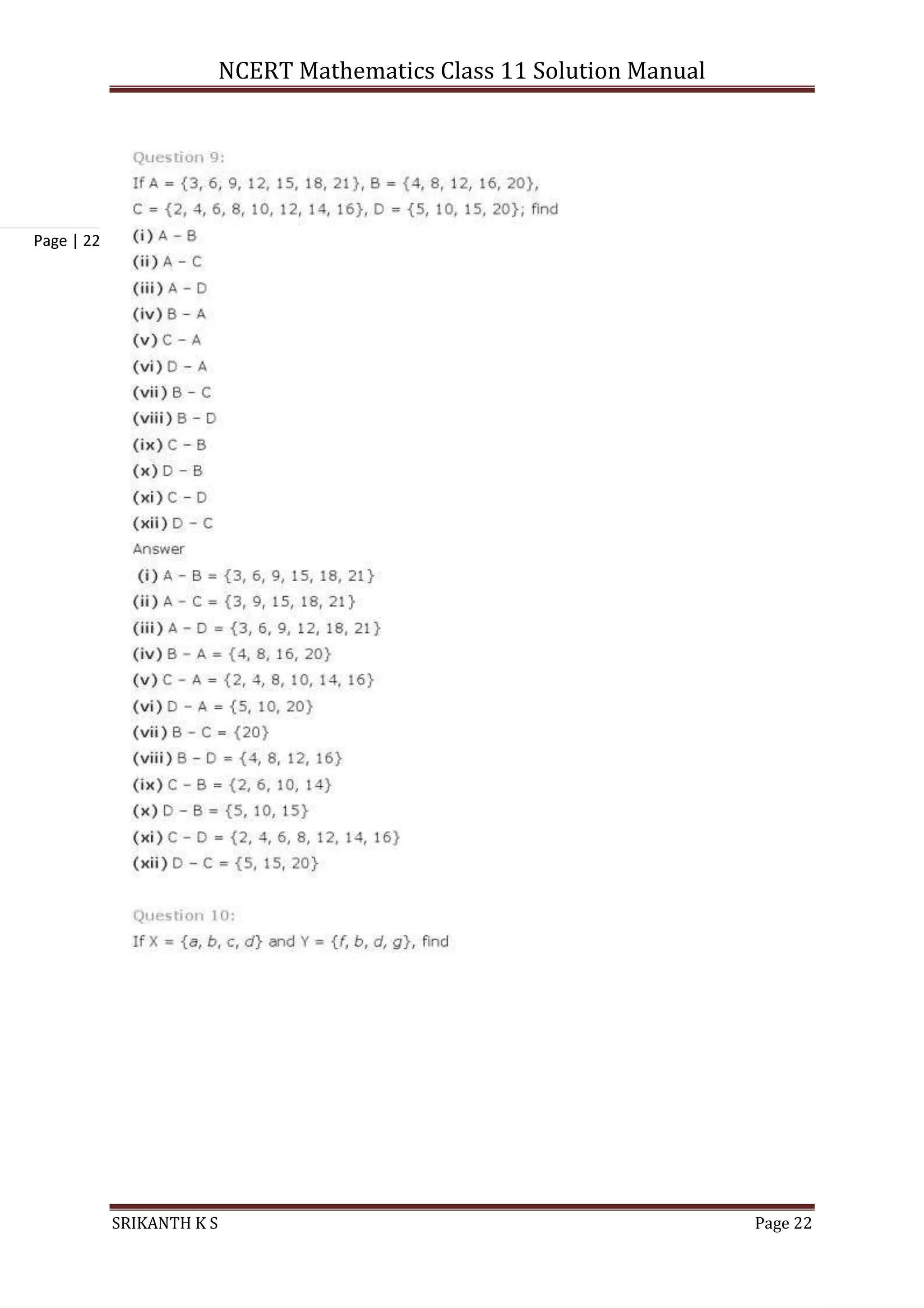 NCERT Mathematics Class 11 Solution Manual
SRIKANTH K S Page 22
Page | 22
 