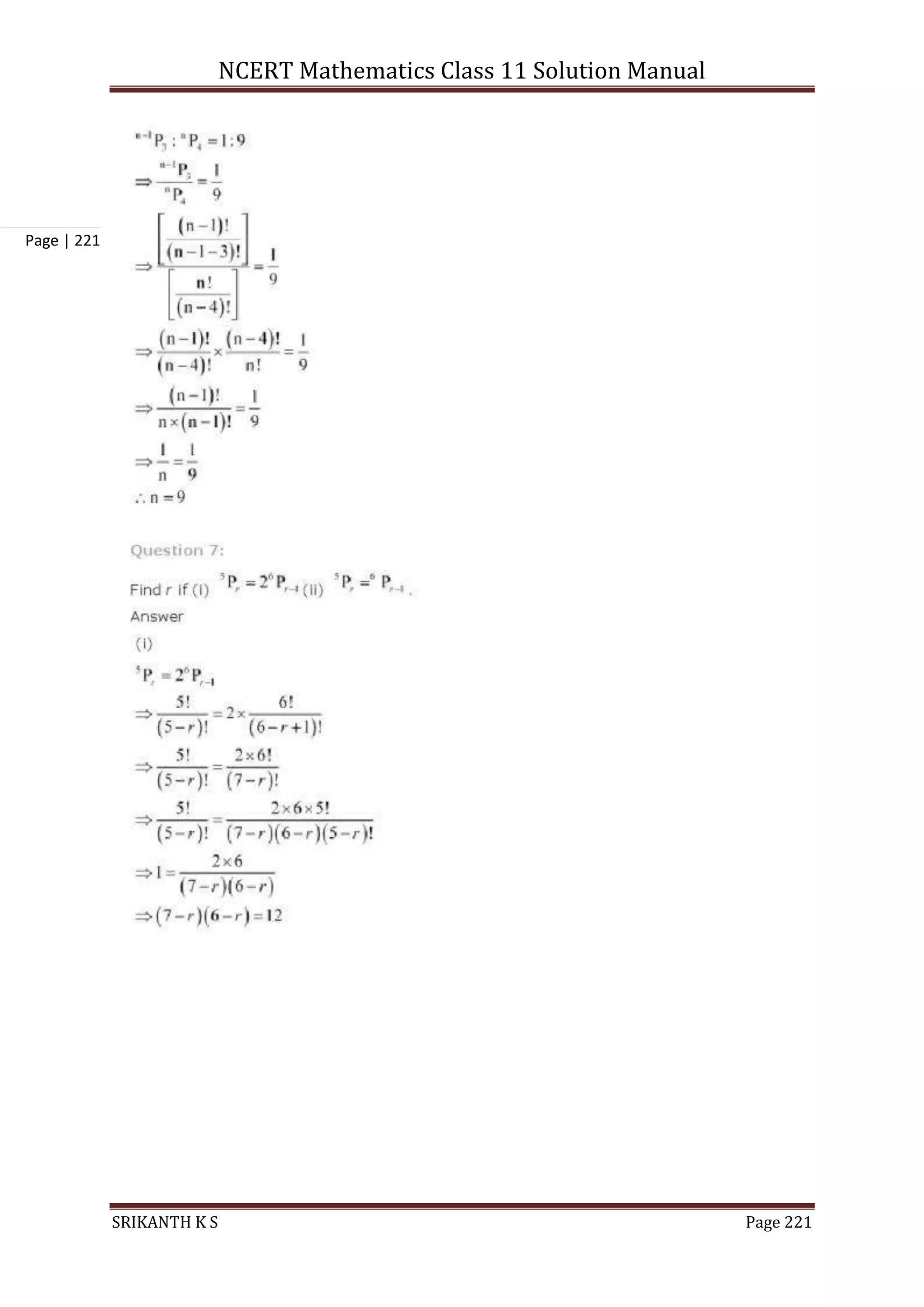 NCERT Mathematics Class 11 Solution Manual
SRIKANTH K S Page 221
Page | 221
 
