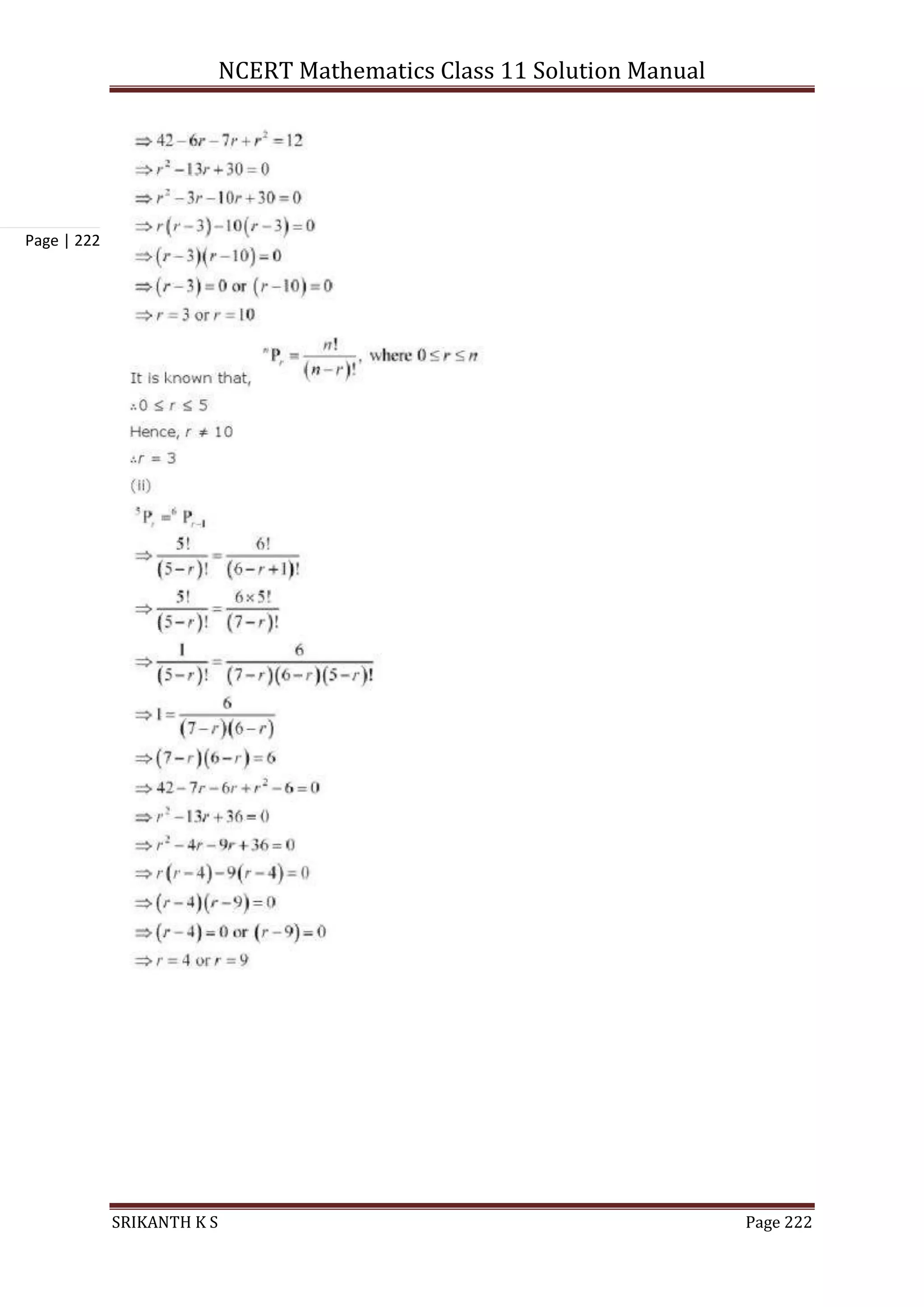 NCERT Mathematics Class 11 Solution Manual
SRIKANTH K S Page 222
Page | 222
 