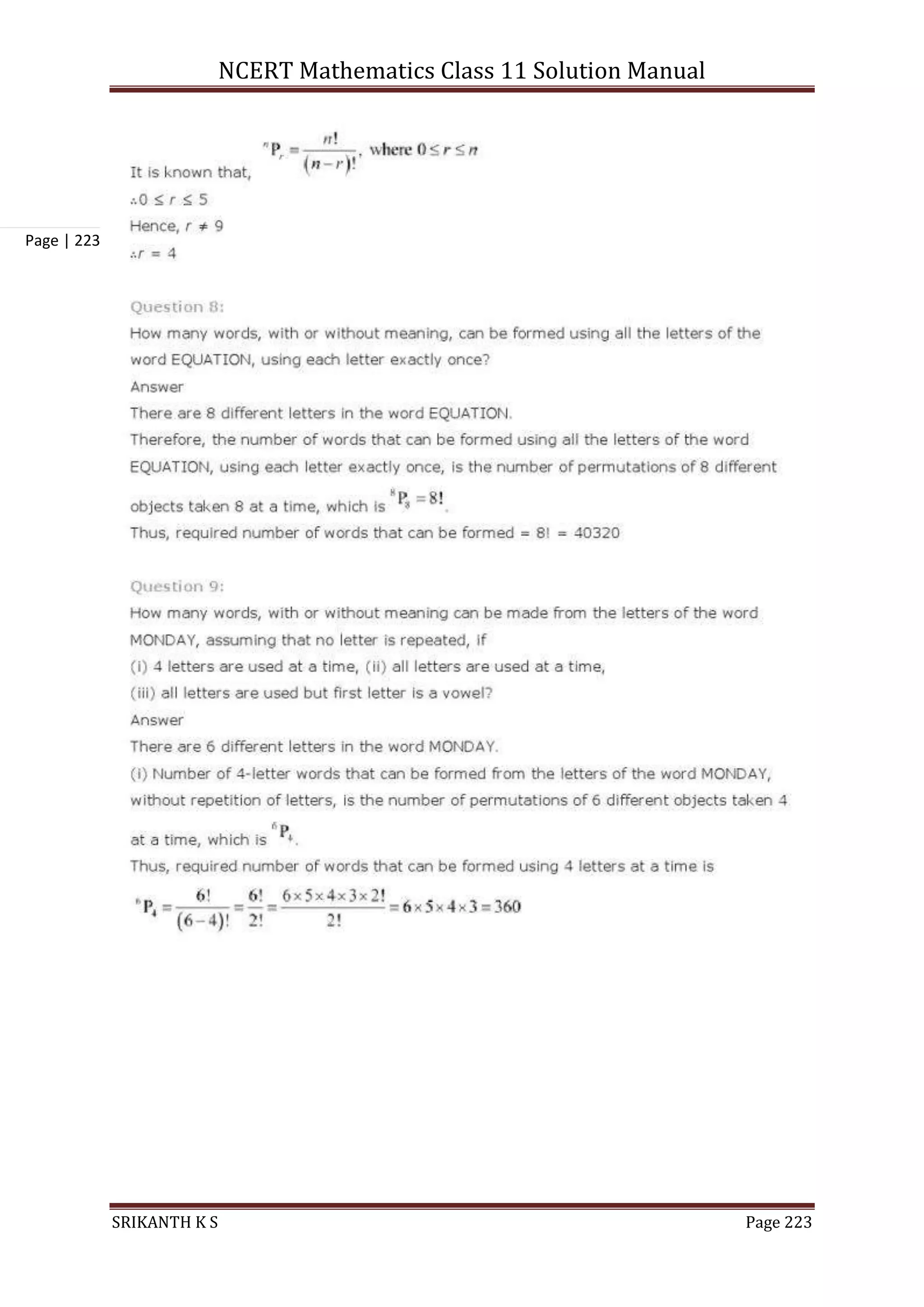 NCERT Mathematics Class 11 Solution Manual
SRIKANTH K S Page 223
Page | 223
 