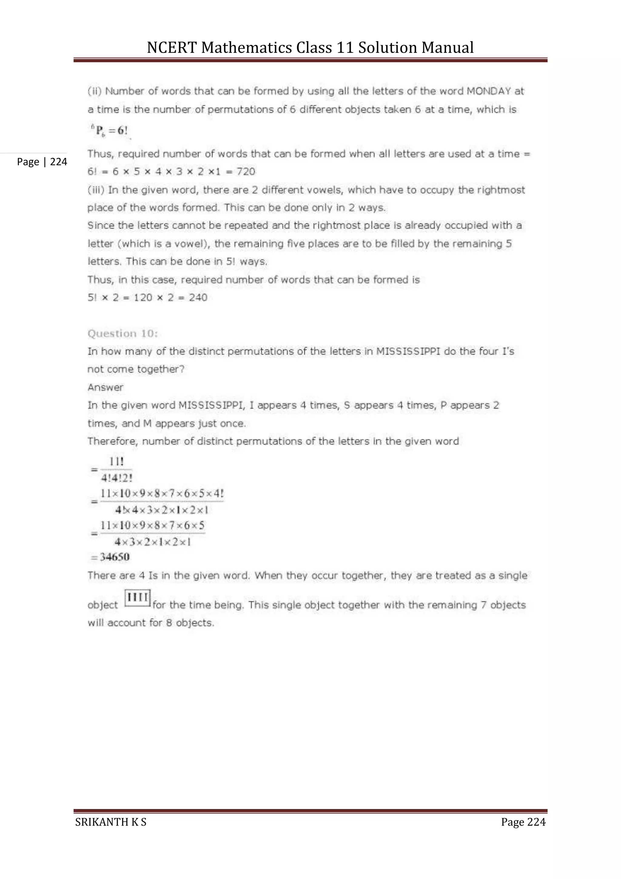 NCERT Mathematics Class 11 Solution Manual
SRIKANTH K S Page 224
Page | 224
 