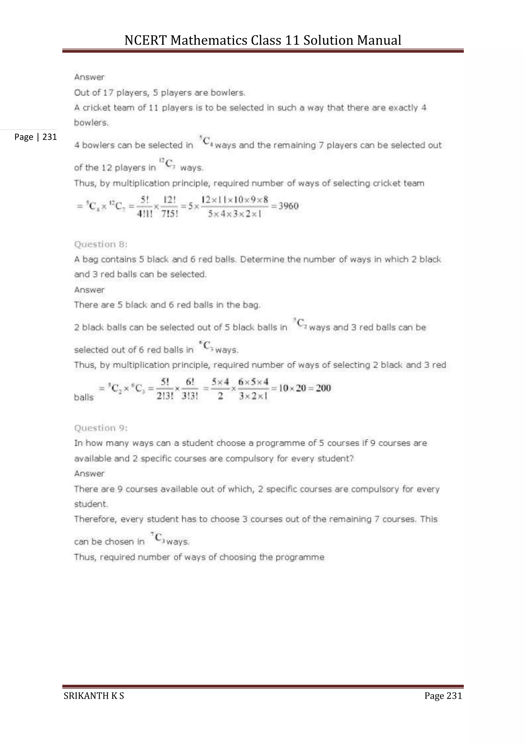 NCERT Mathematics Class 11 Solution Manual
SRIKANTH K S Page 231
Page | 231
 