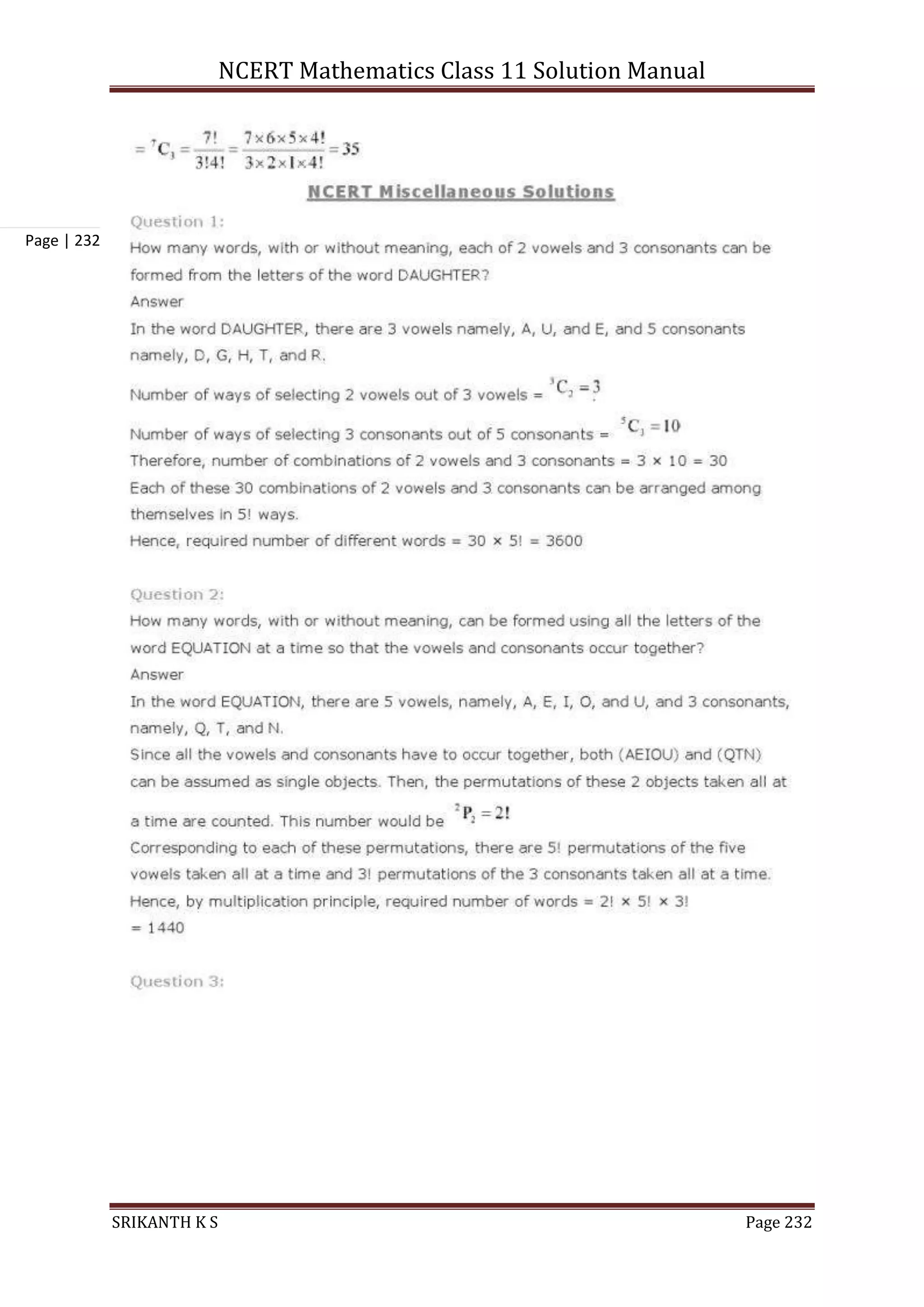 NCERT Mathematics Class 11 Solution Manual
SRIKANTH K S Page 232
Page | 232
 