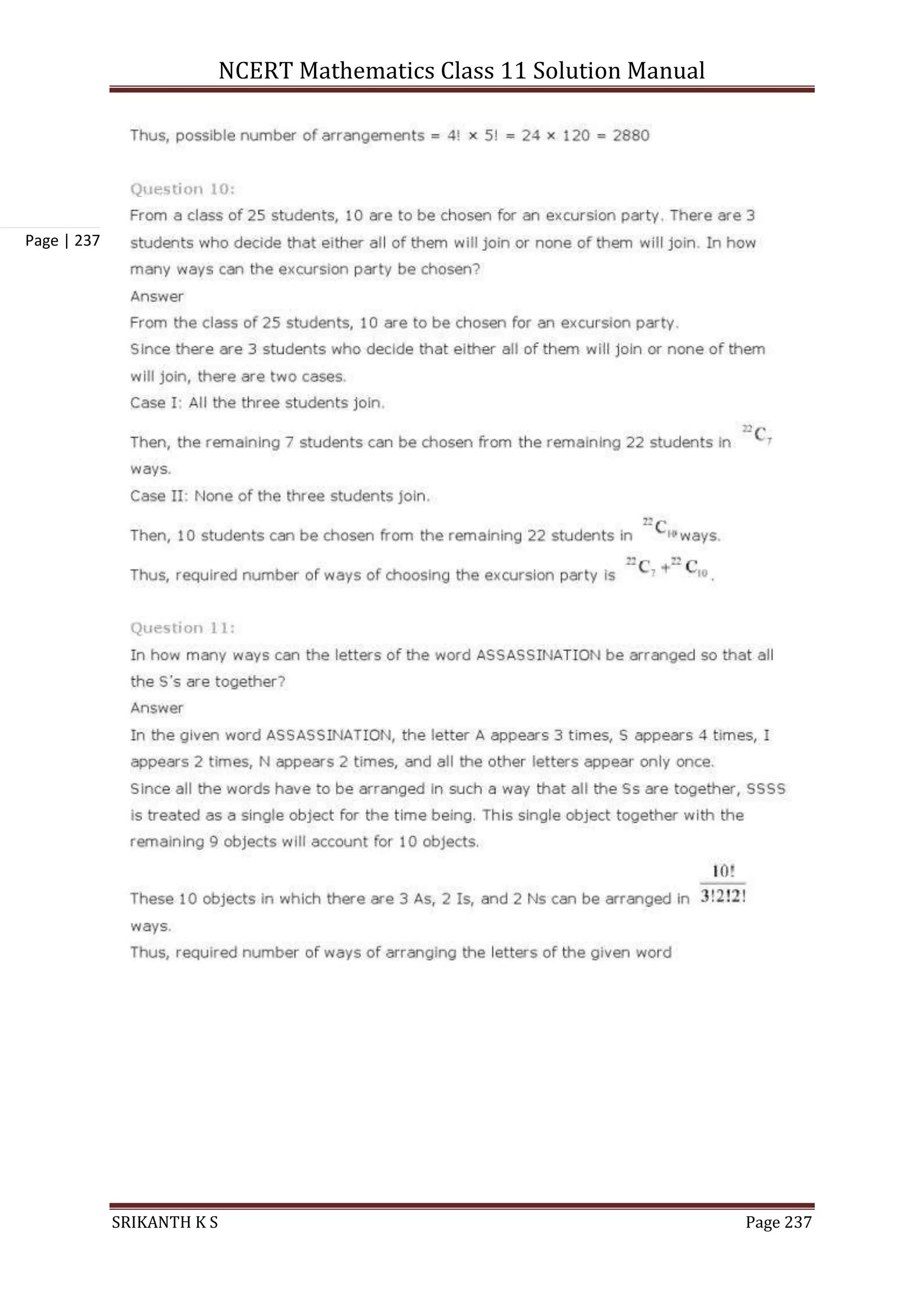 NCERT Mathematics Class 11 Solution Manual
SRIKANTH K S Page 237
Page | 237
 