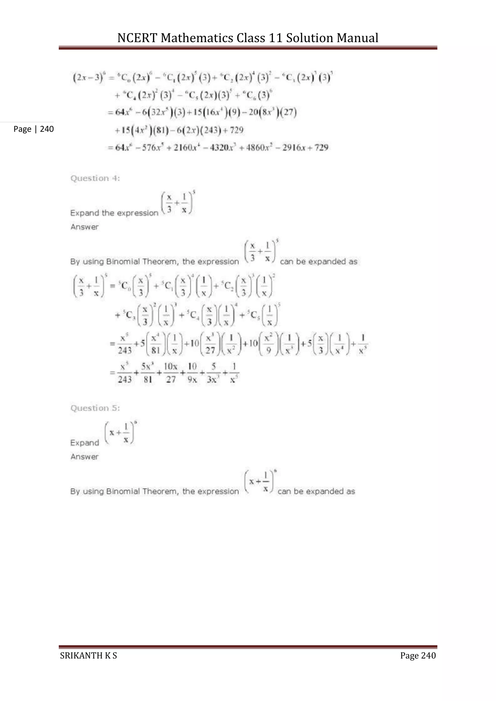 NCERT Mathematics Class 11 Solution Manual
SRIKANTH K S Page 240
Page | 240
 