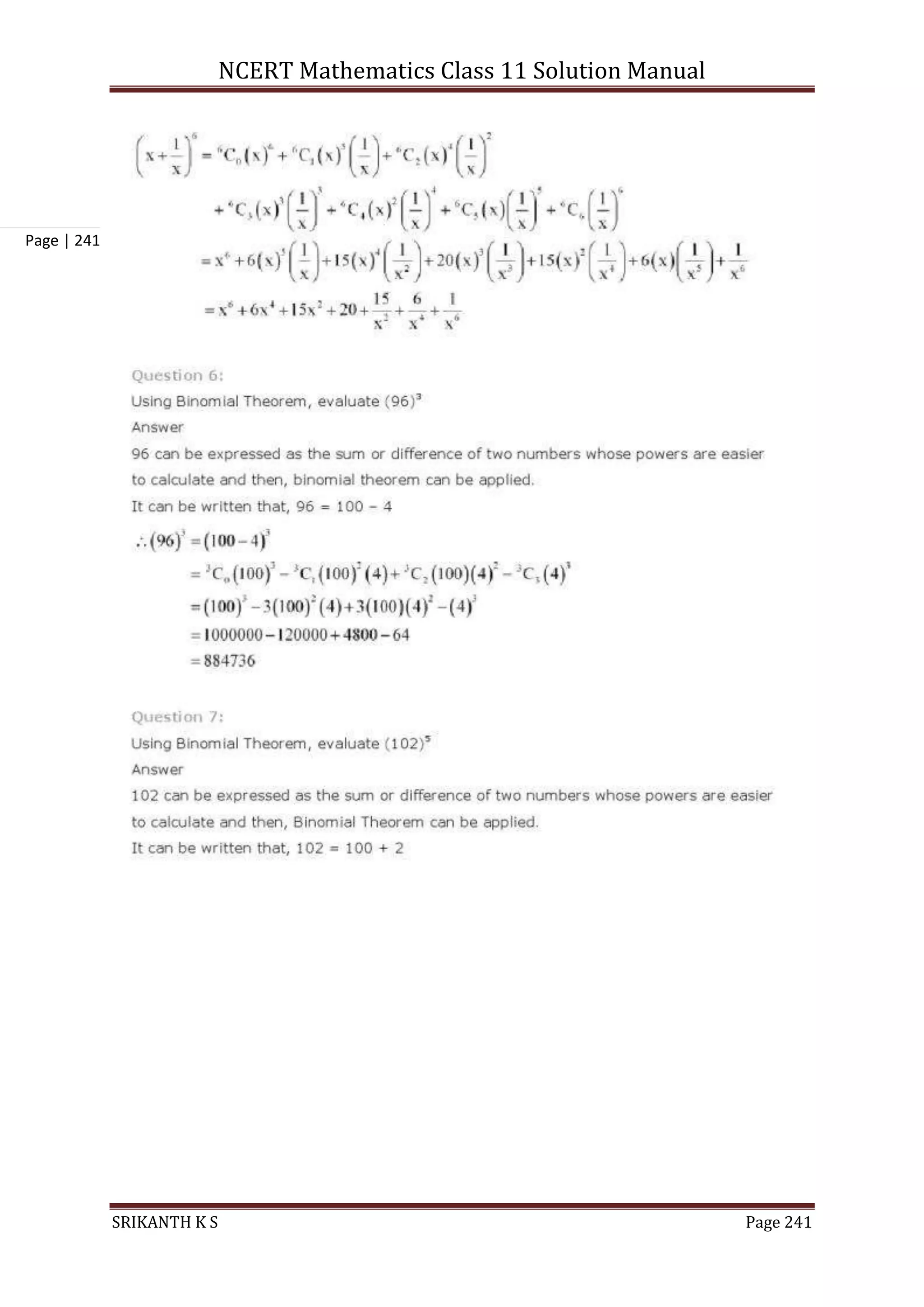 NCERT Mathematics Class 11 Solution Manual
SRIKANTH K S Page 241
Page | 241
 