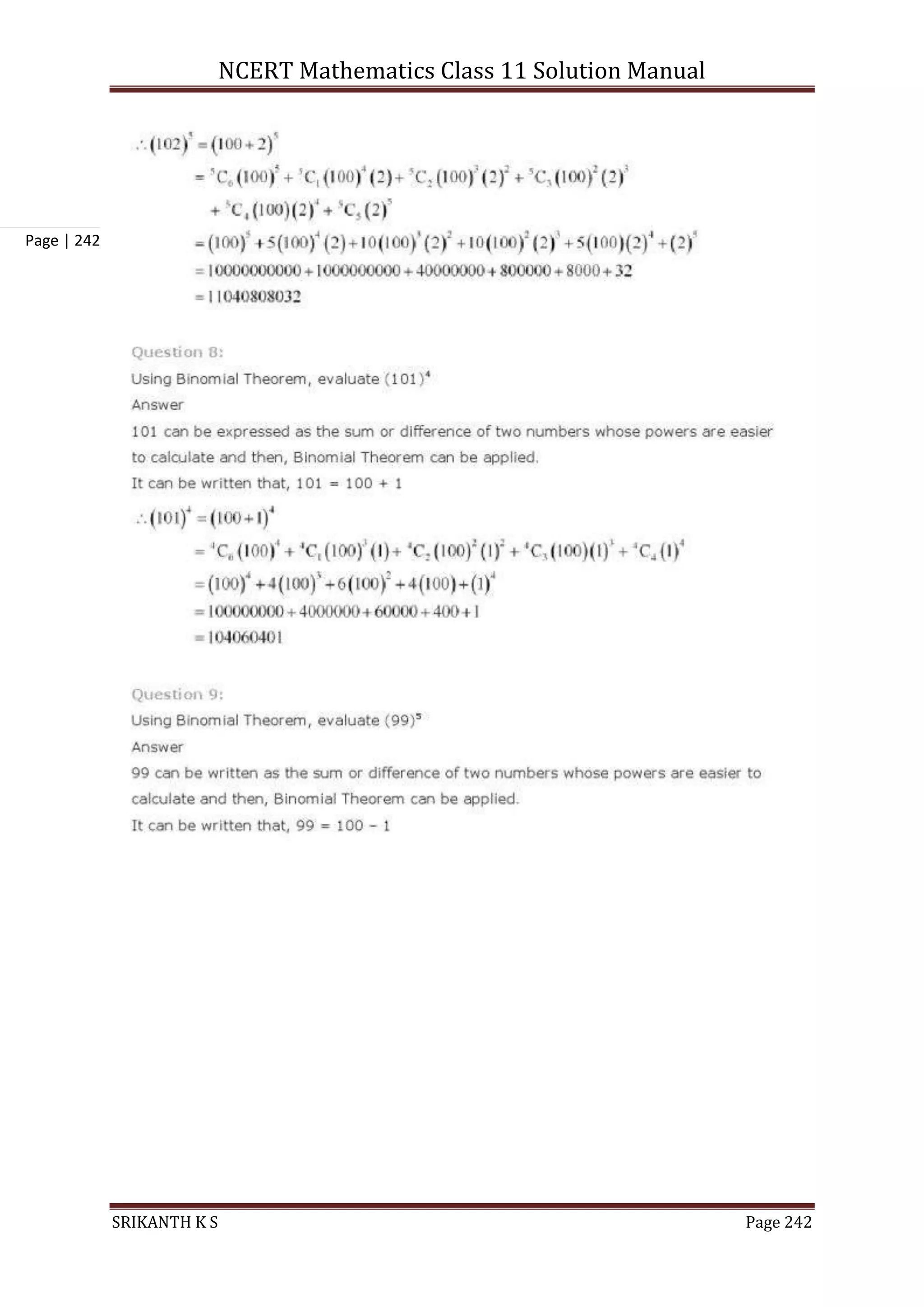 NCERT Mathematics Class 11 Solution Manual
SRIKANTH K S Page 242
Page | 242
 