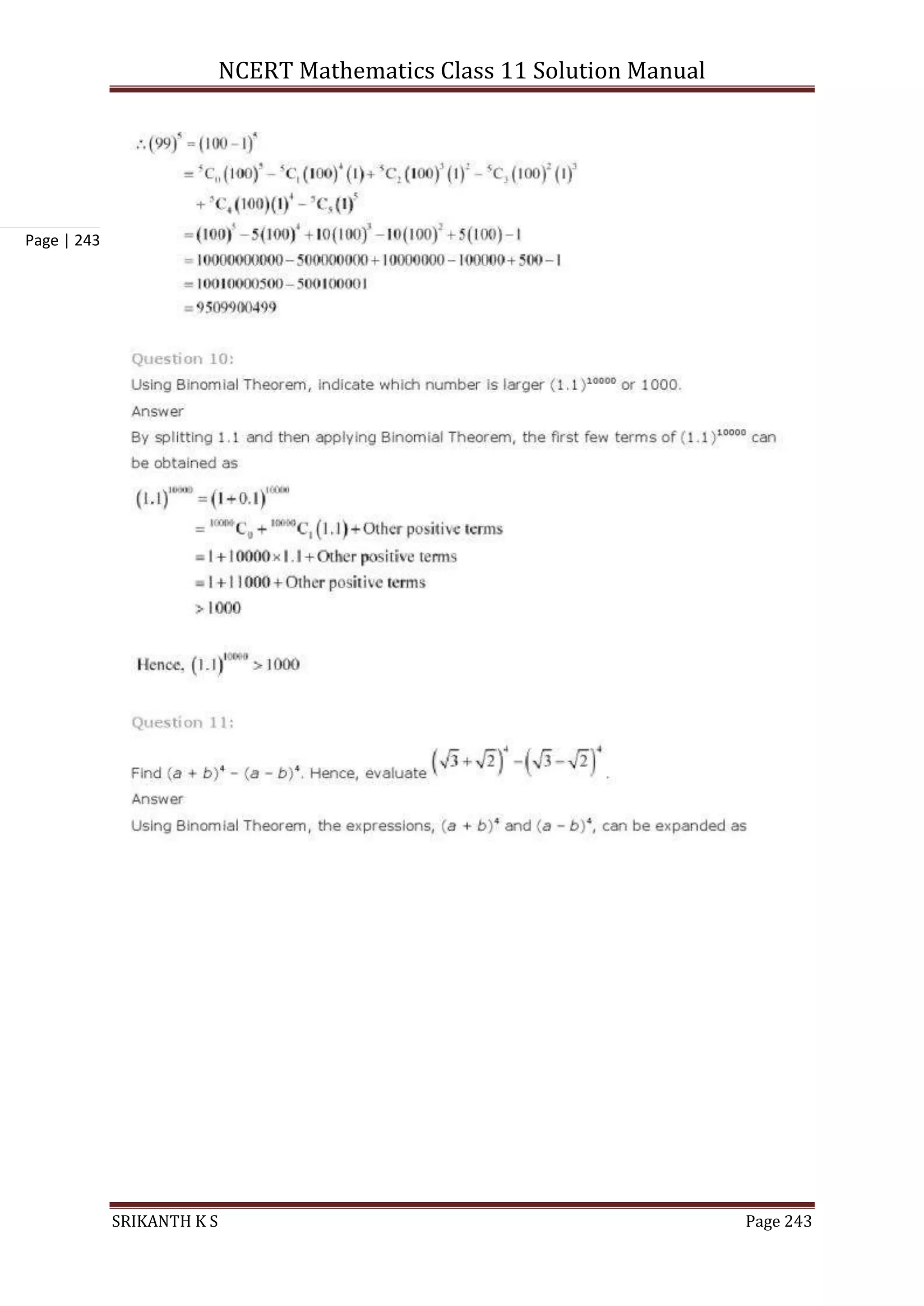 NCERT Mathematics Class 11 Solution Manual
SRIKANTH K S Page 243
Page | 243
 