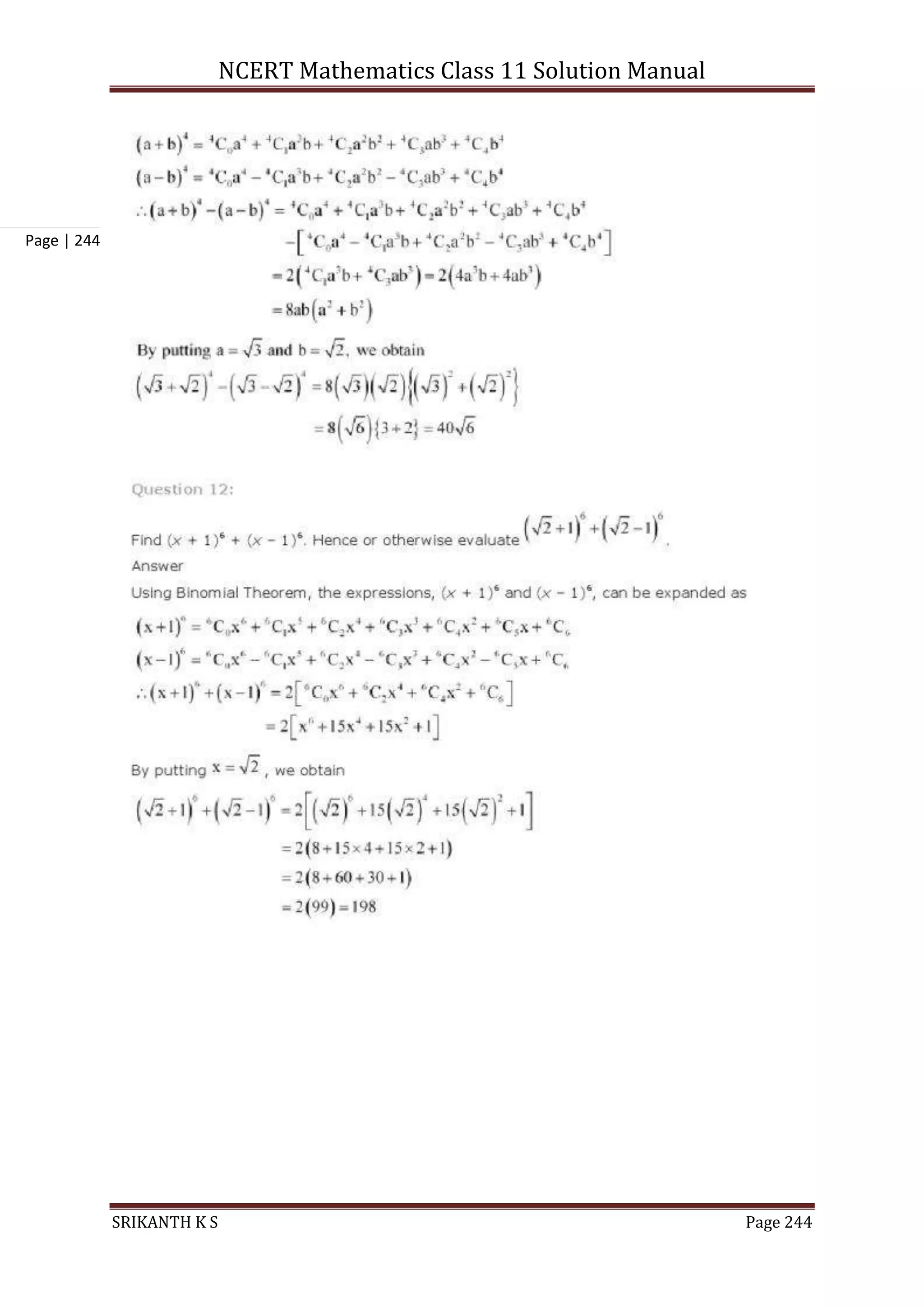 NCERT Mathematics Class 11 Solution Manual
SRIKANTH K S Page 244
Page | 244
 
