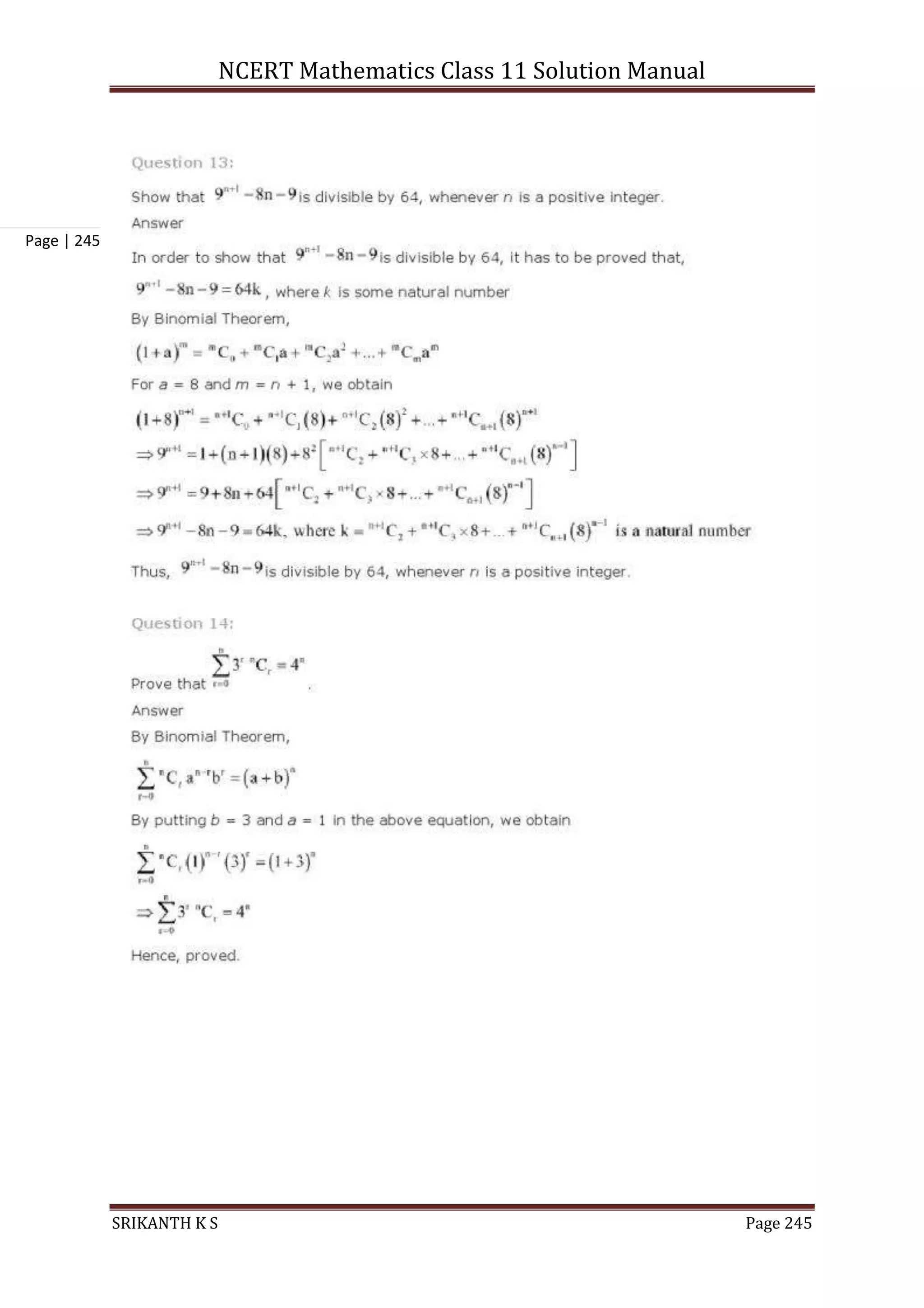 NCERT Mathematics Class 11 Solution Manual
SRIKANTH K S Page 245
Page | 245
 