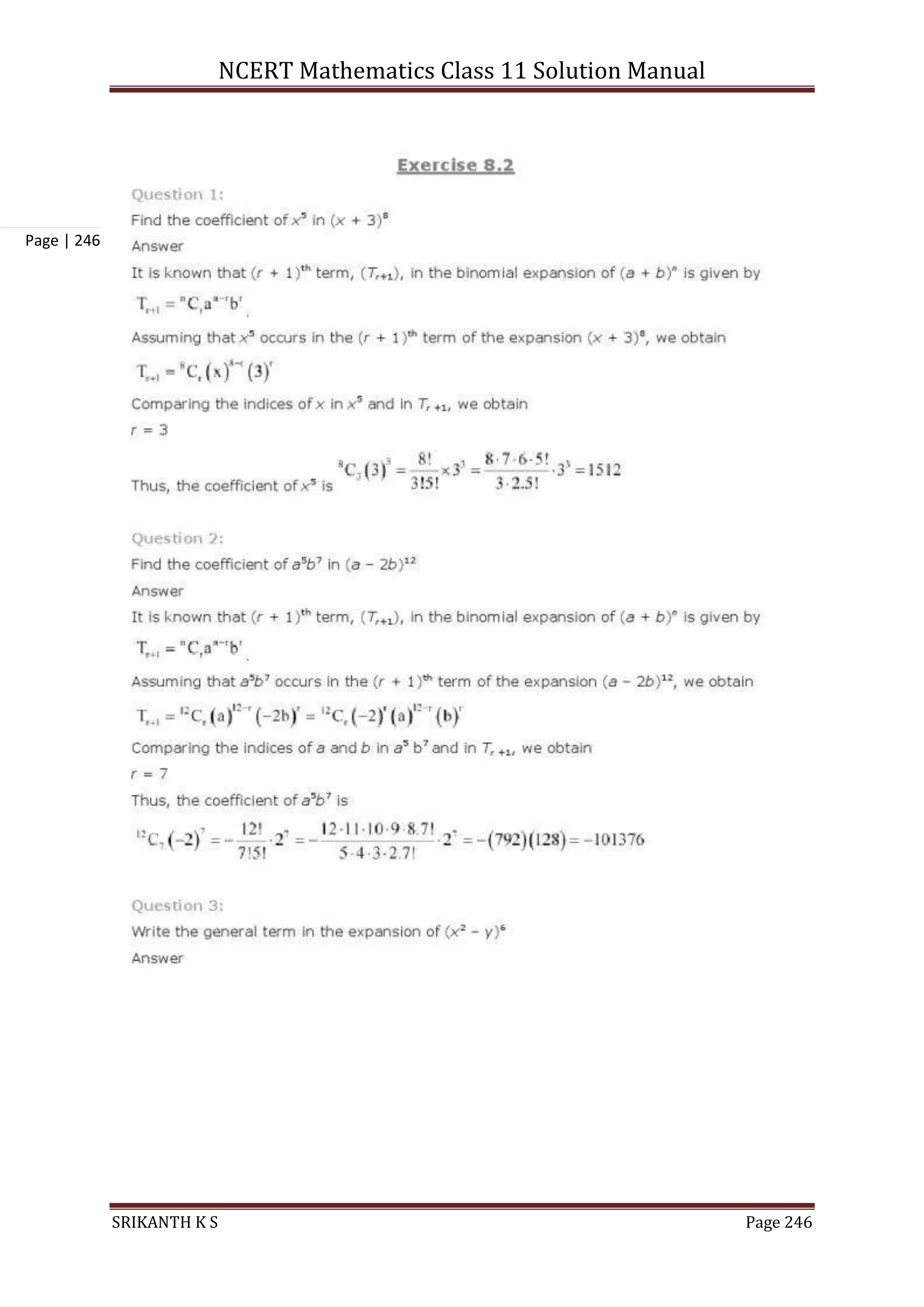 NCERT Mathematics Class 11 Solution Manual
SRIKANTH K S Page 246
Page | 246
 