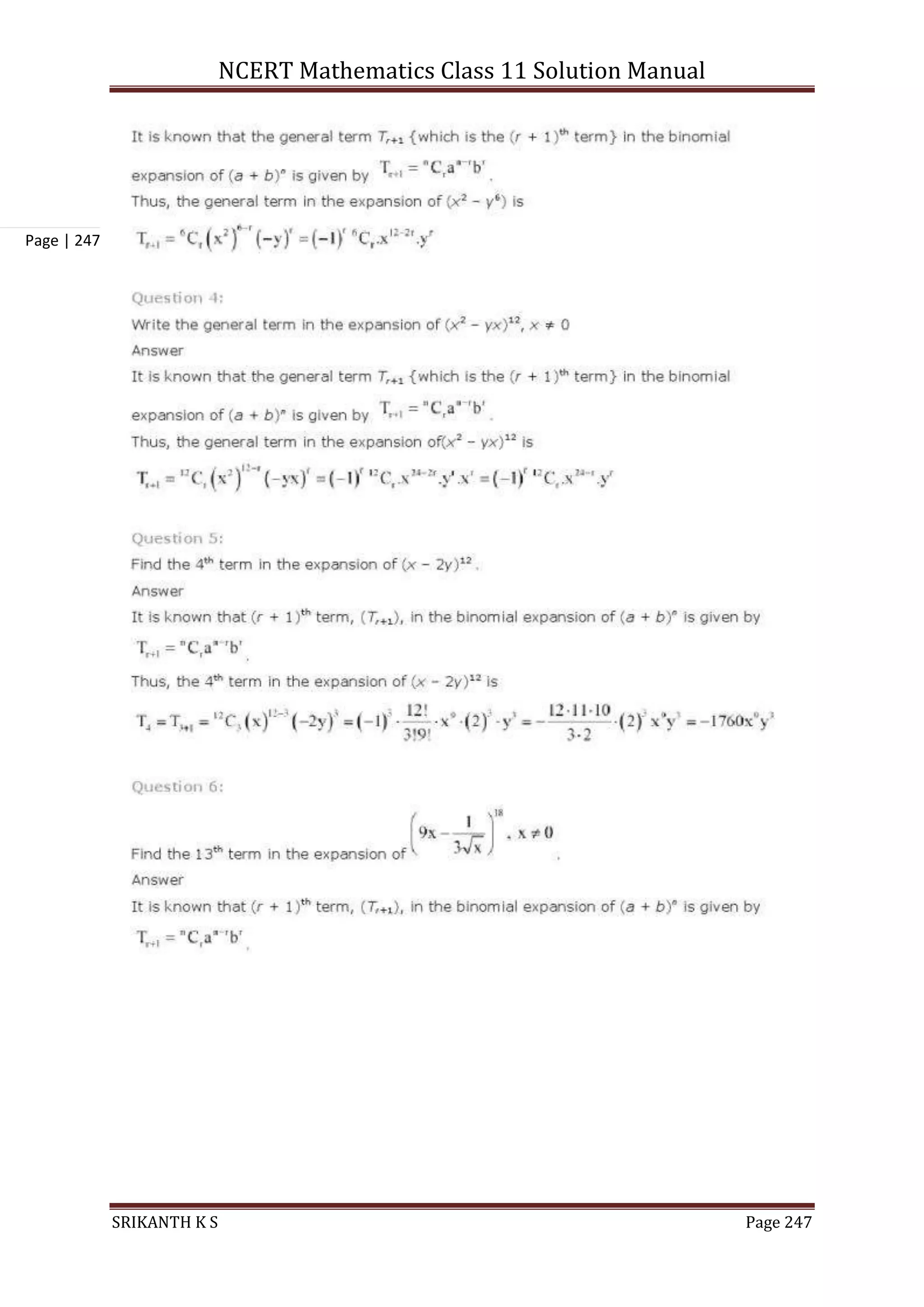 NCERT Mathematics Class 11 Solution Manual
SRIKANTH K S Page 247
Page | 247
 