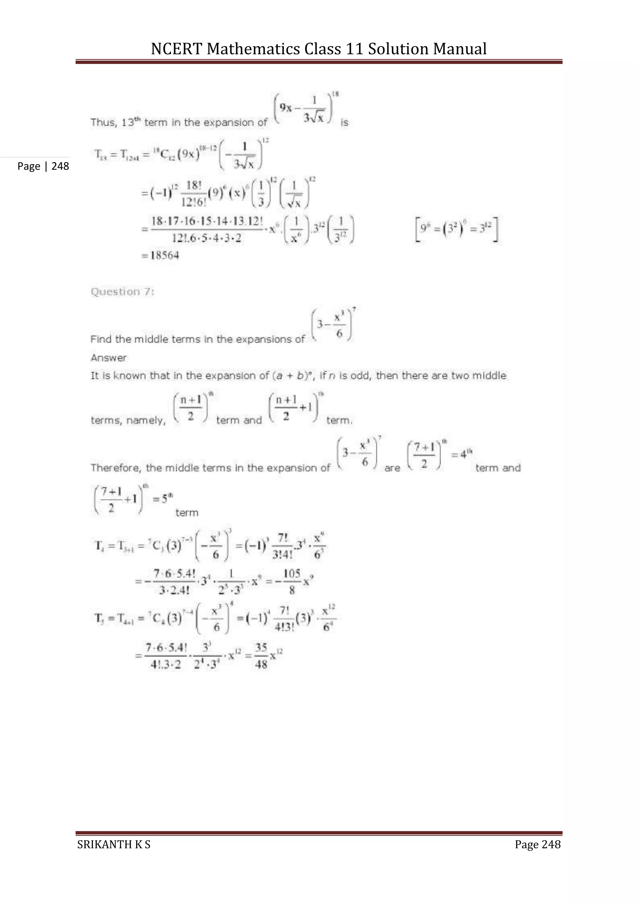 NCERT Mathematics Class 11 Solution Manual
SRIKANTH K S Page 248
Page | 248
 