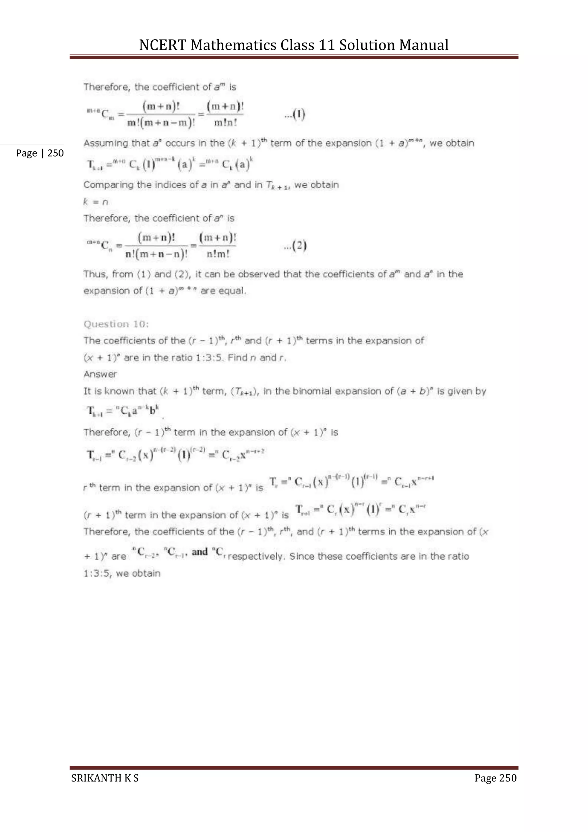 NCERT Mathematics Class 11 Solution Manual
SRIKANTH K S Page 250
Page | 250
 
