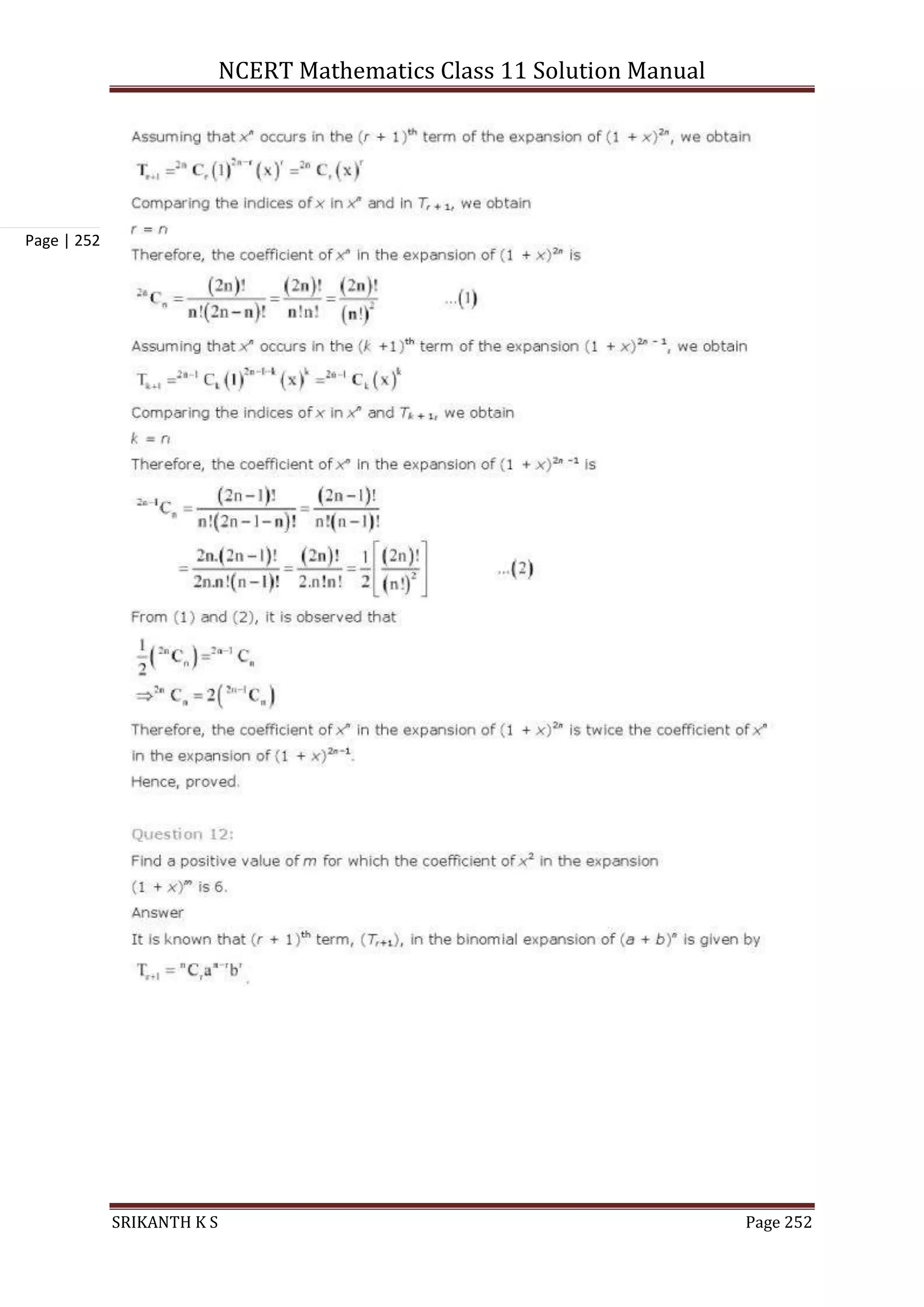 NCERT Mathematics Class 11 Solution Manual
SRIKANTH K S Page 252
Page | 252
 