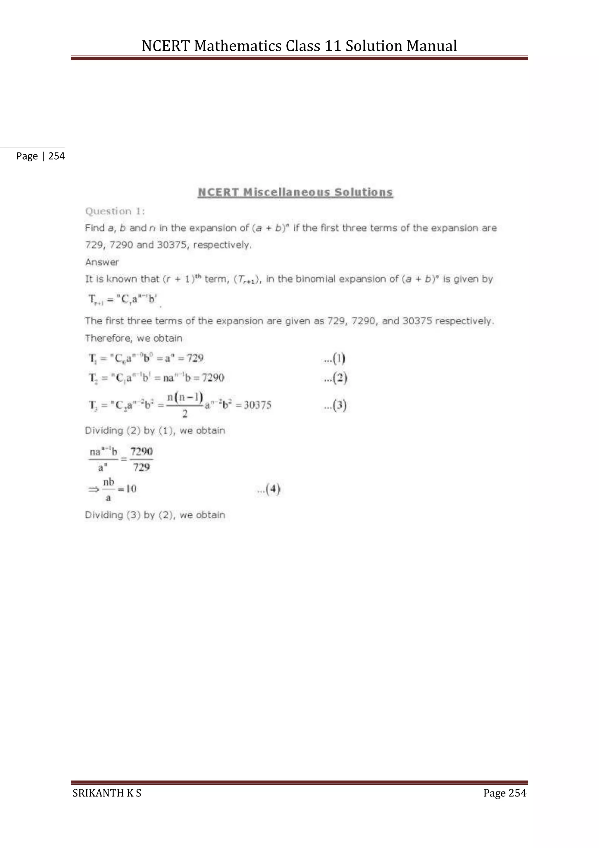 NCERT Mathematics Class 11 Solution Manual
SRIKANTH K S Page 254
Page | 254
 