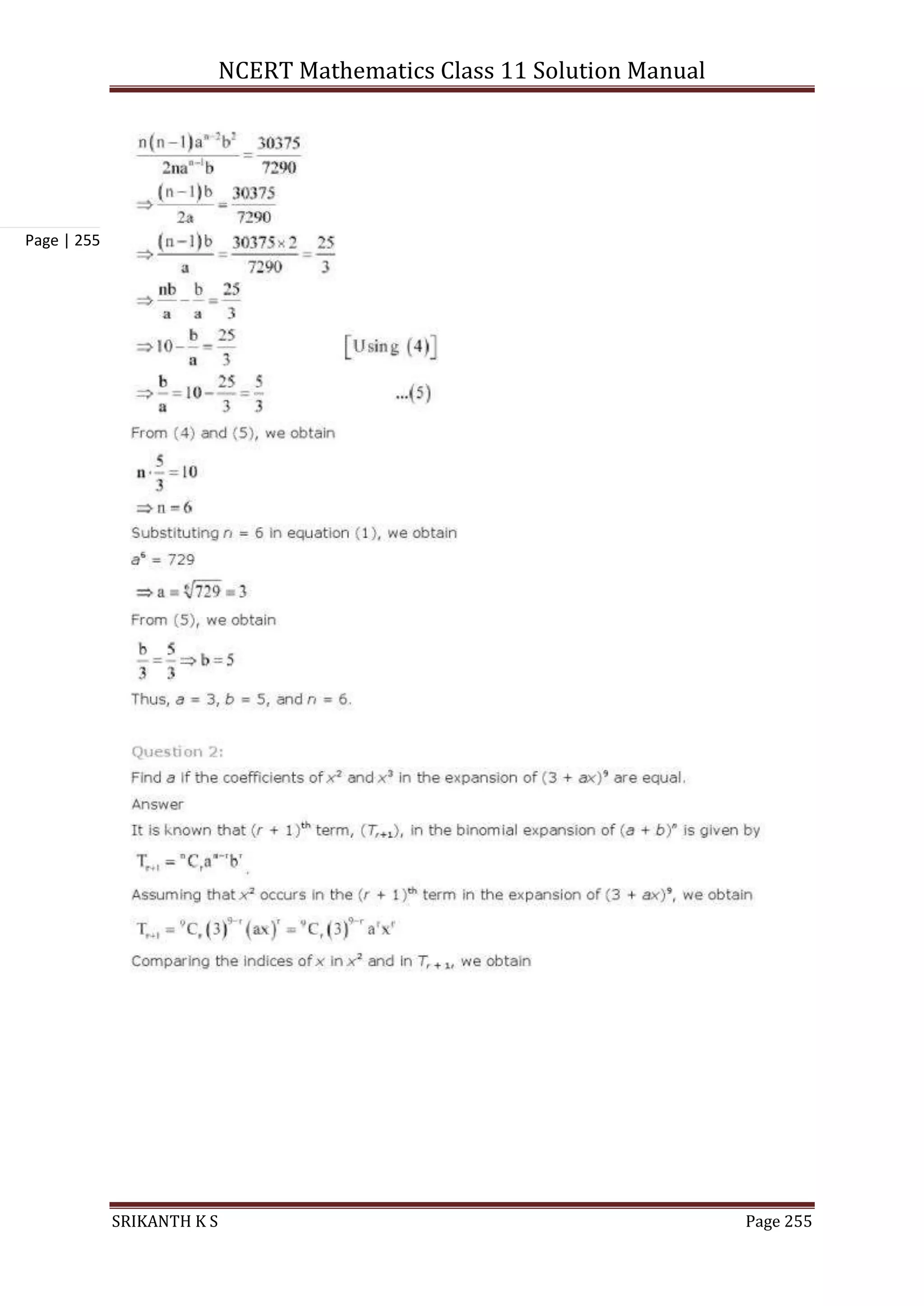 NCERT Mathematics Class 11 Solution Manual
SRIKANTH K S Page 255
Page | 255
 