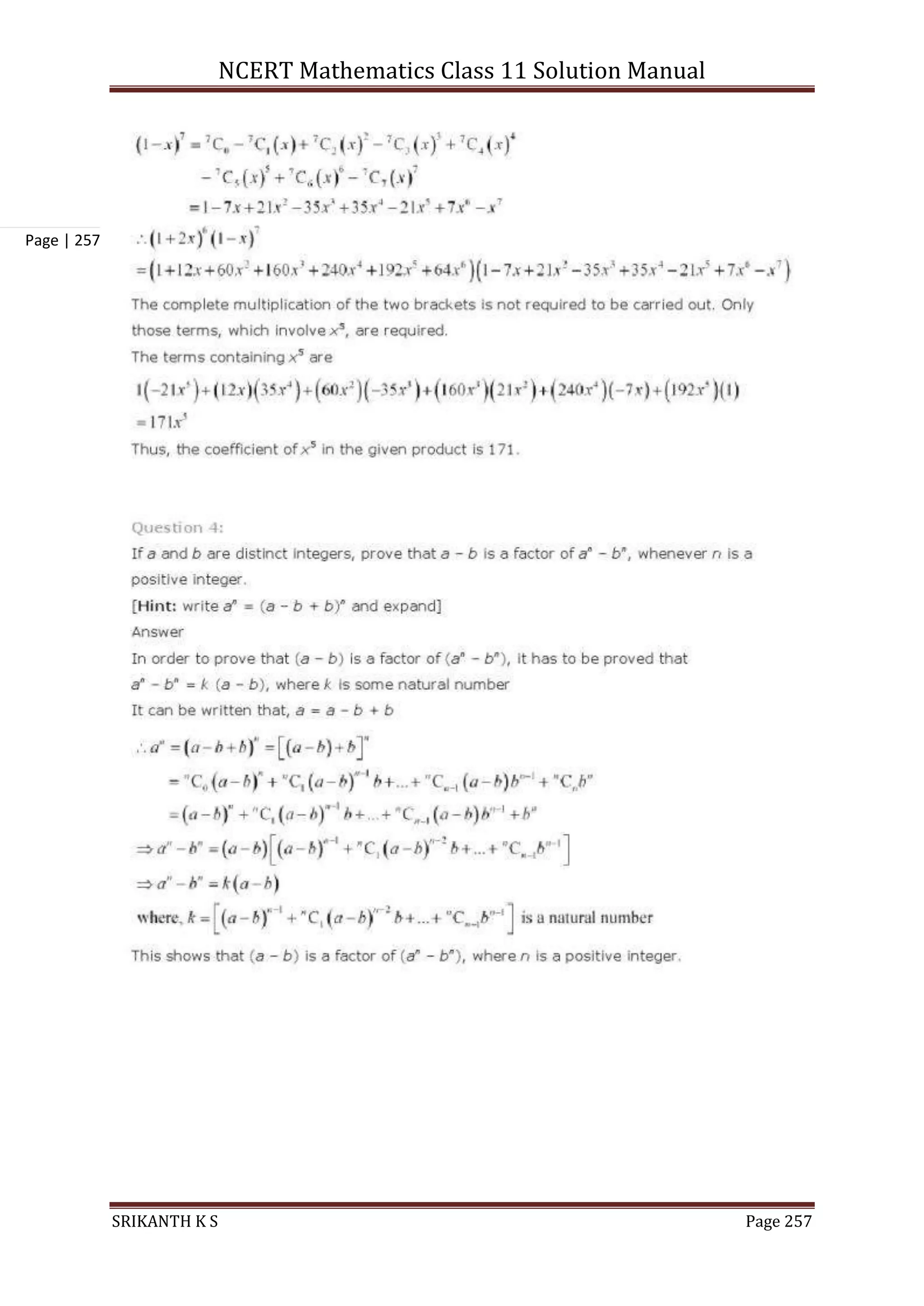 NCERT Mathematics Class 11 Solution Manual
SRIKANTH K S Page 257
Page | 257
 