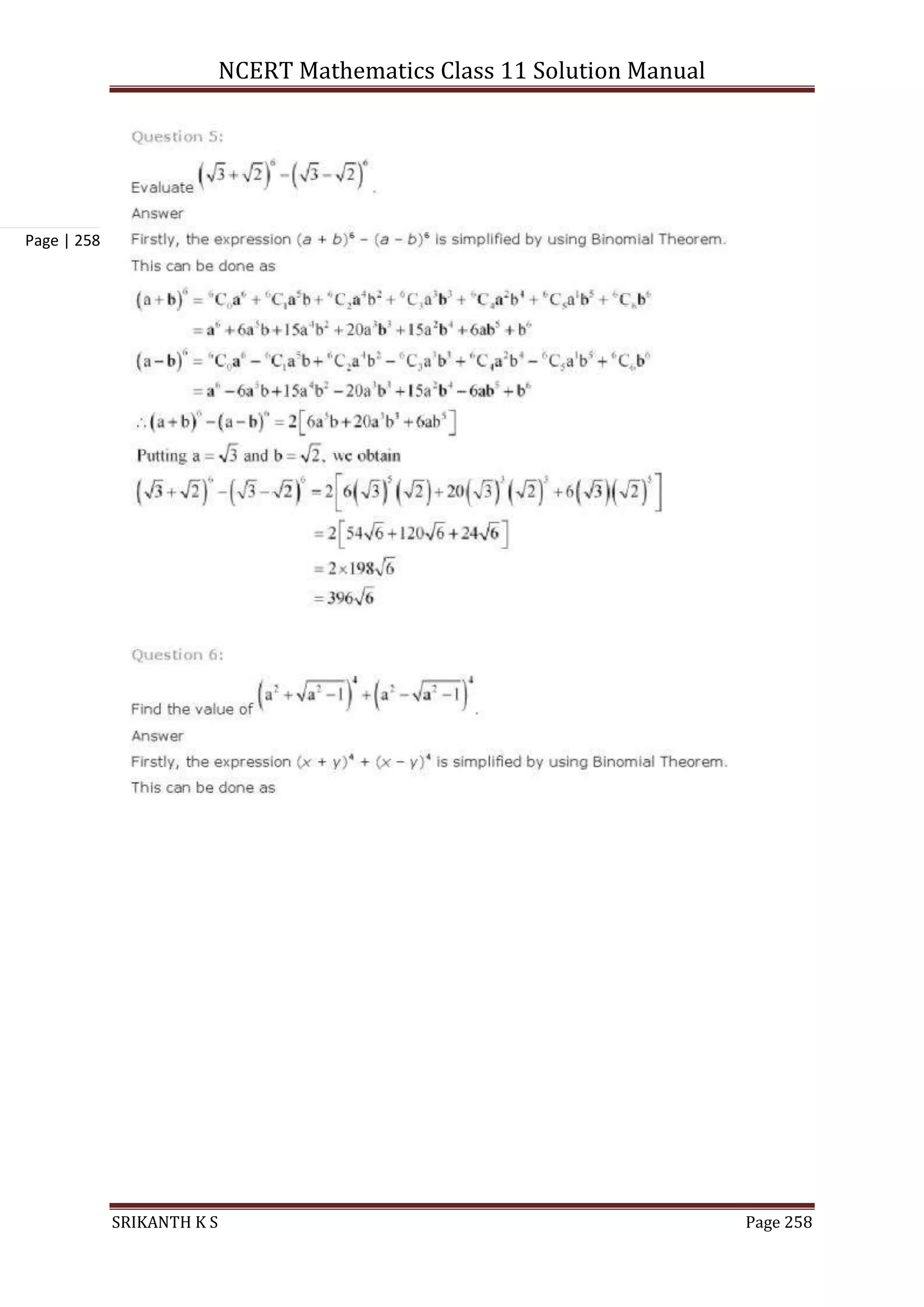 NCERT Mathematics Class 11 Solution Manual
SRIKANTH K S Page 258
Page | 258
 