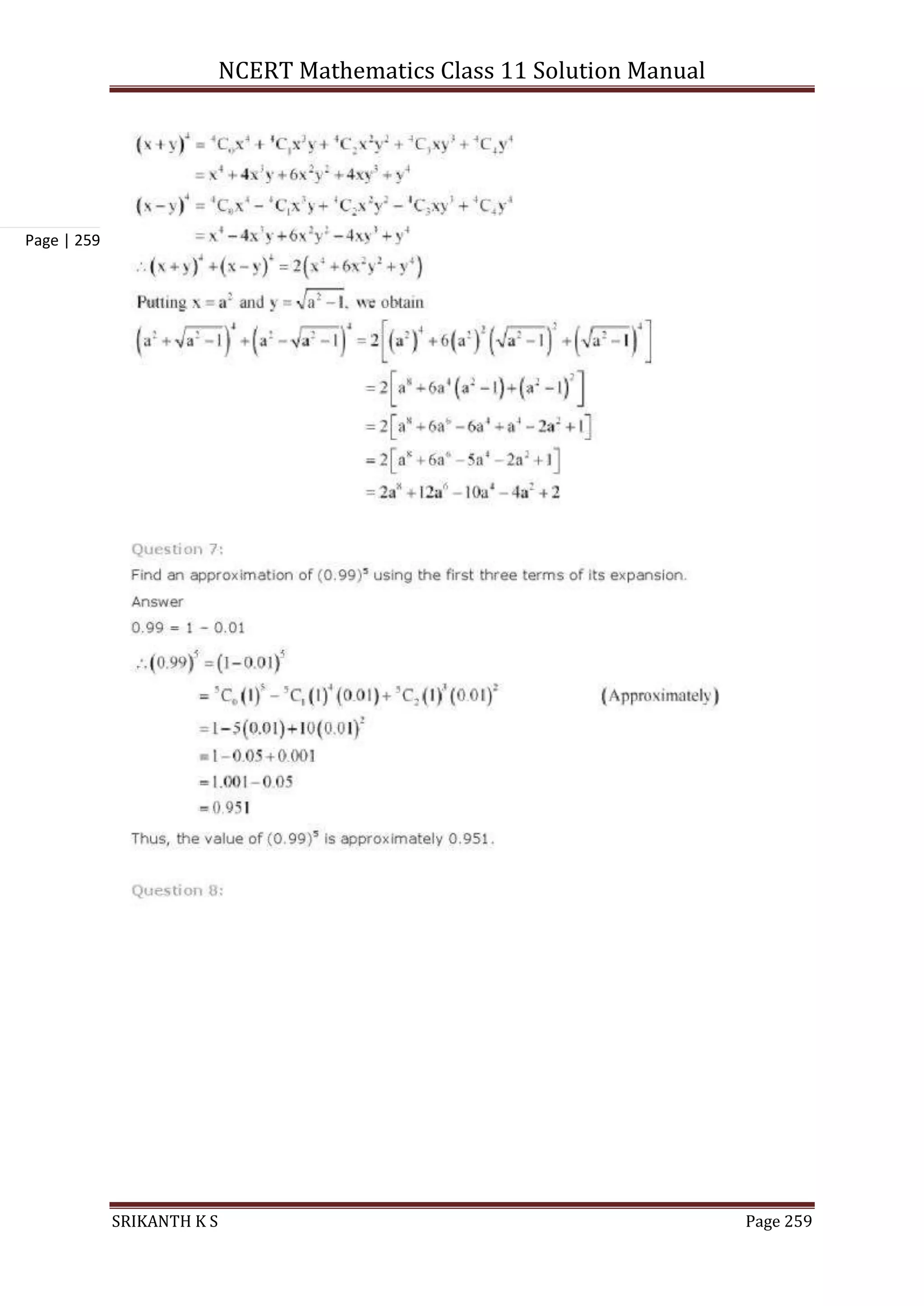 NCERT Mathematics Class 11 Solution Manual
SRIKANTH K S Page 259
Page | 259
 