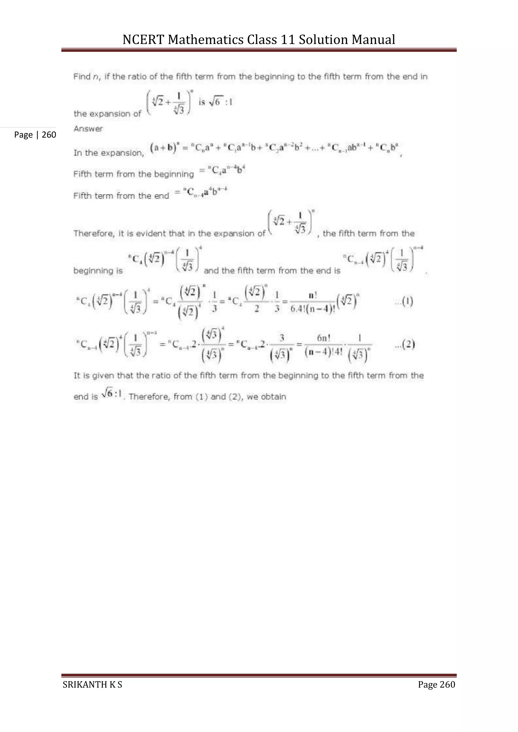 NCERT Mathematics Class 11 Solution Manual
SRIKANTH K S Page 260
Page | 260
 