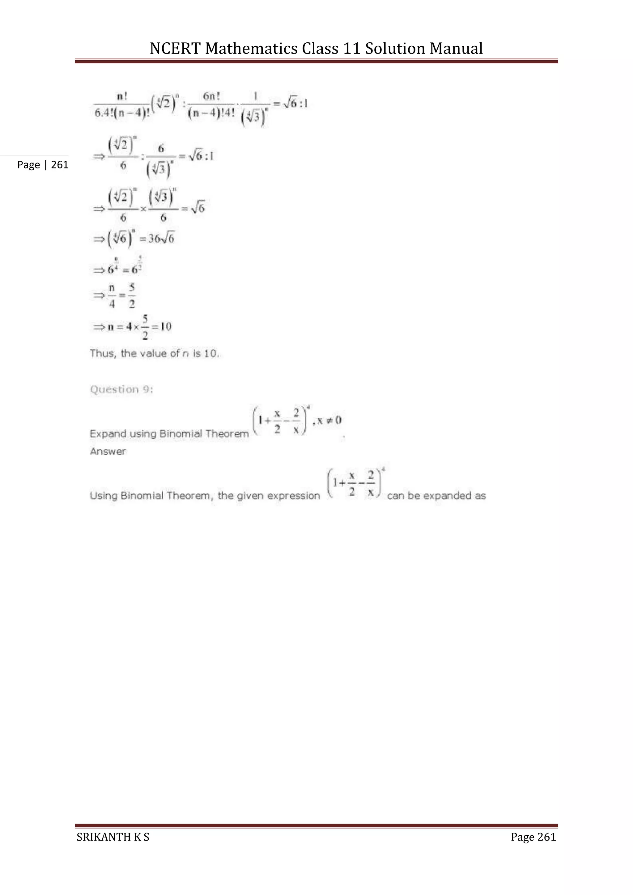NCERT Mathematics Class 11 Solution Manual
SRIKANTH K S Page 261
Page | 261
 