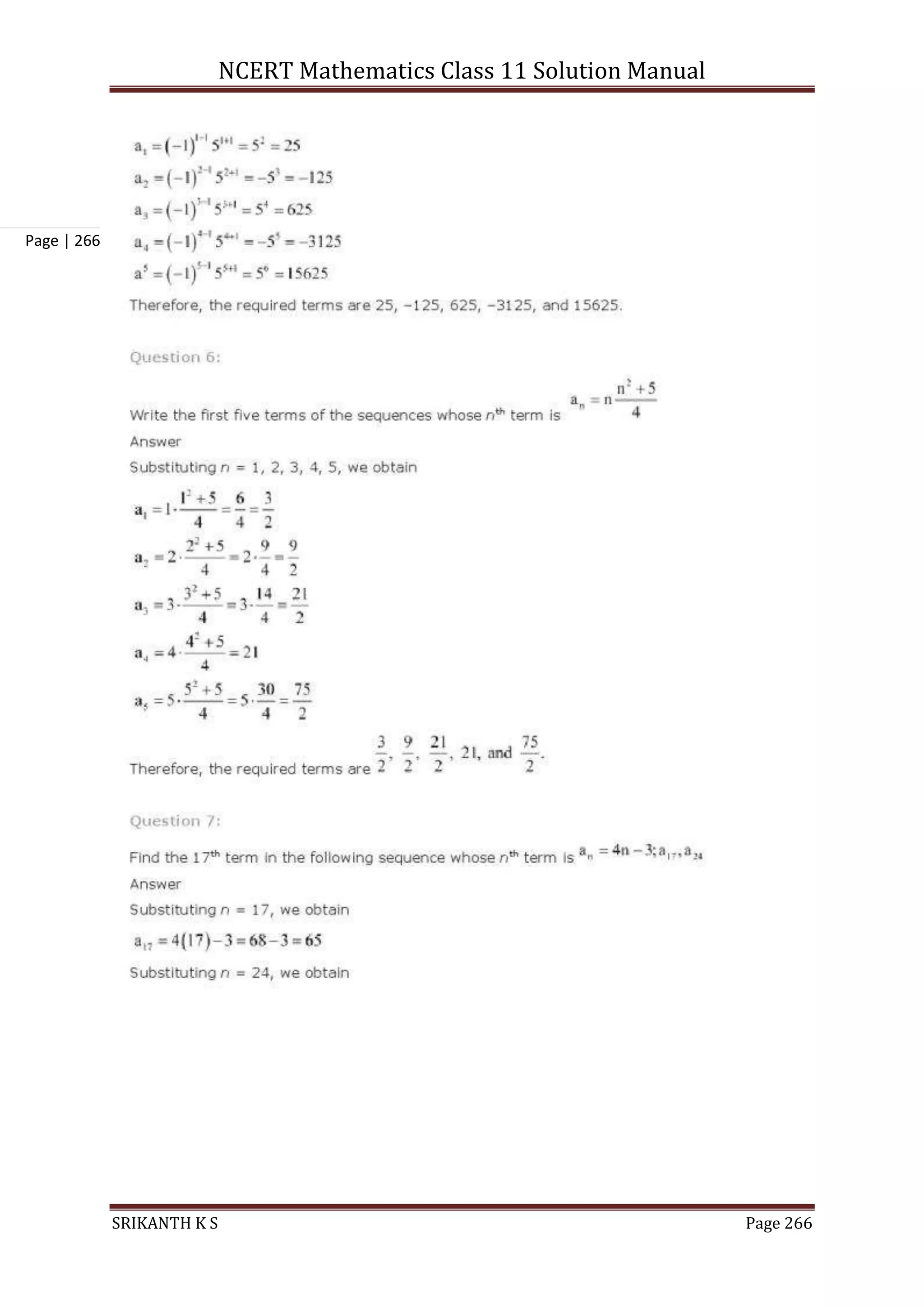 NCERT Mathematics Class 11 Solution Manual
SRIKANTH K S Page 266
Page | 266
 