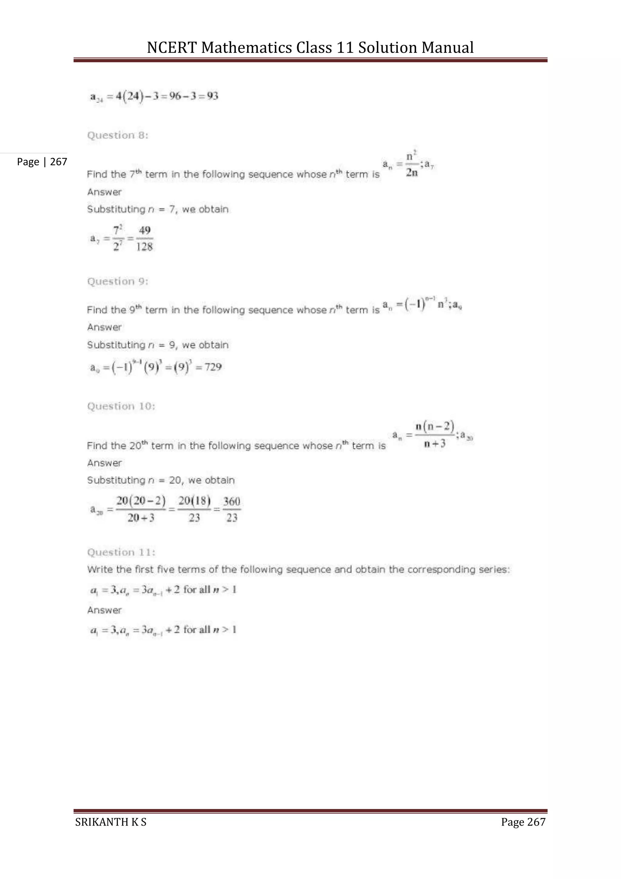 NCERT Mathematics Class 11 Solution Manual
SRIKANTH K S Page 267
Page | 267
 
