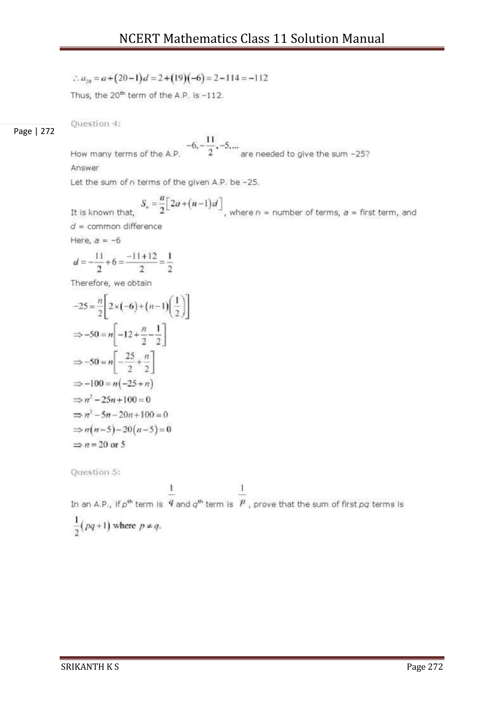 NCERT Mathematics Class 11 Solution Manual
SRIKANTH K S Page 272
Page | 272
 
