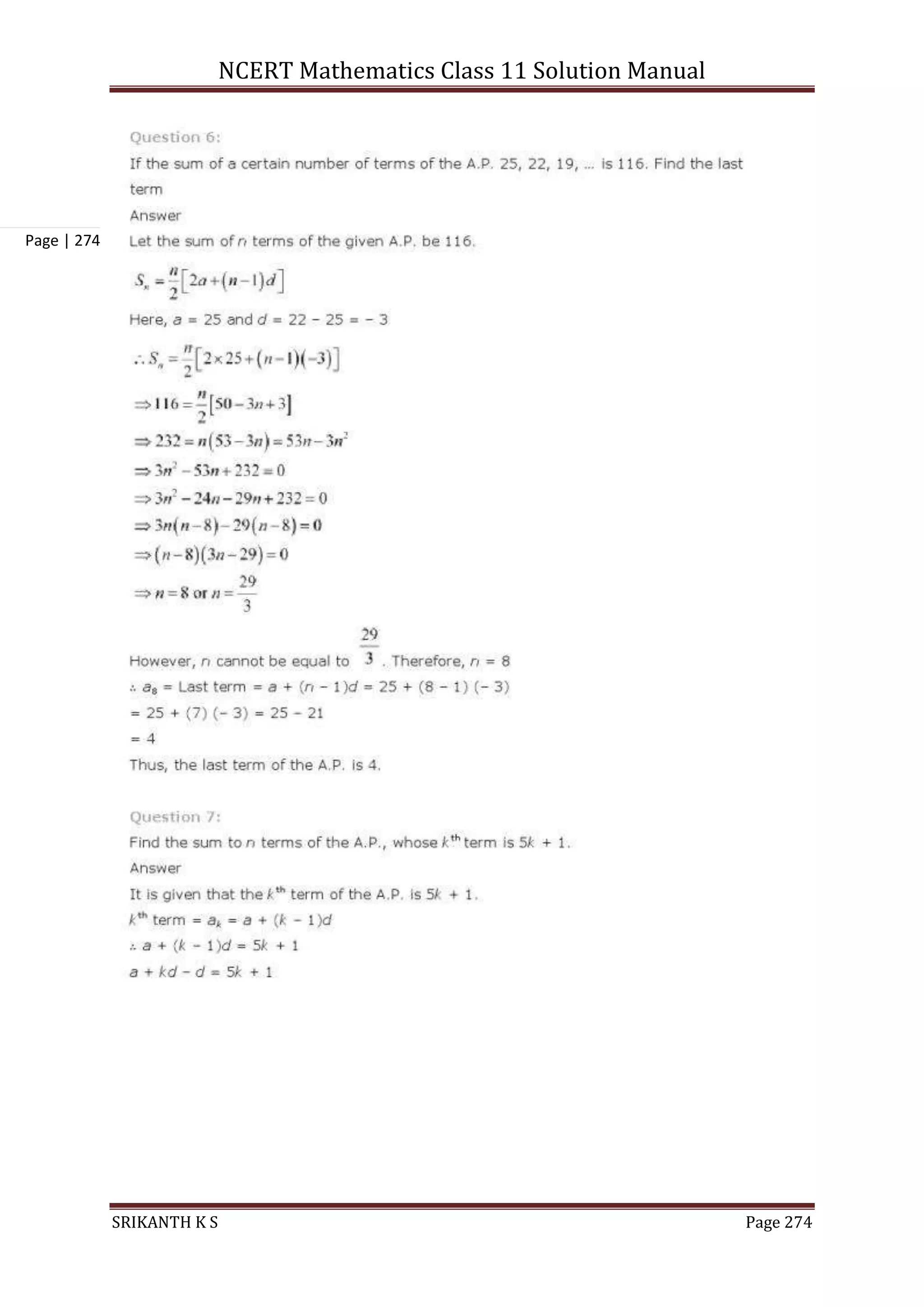 NCERT Mathematics Class 11 Solution Manual
SRIKANTH K S Page 274
Page | 274
 