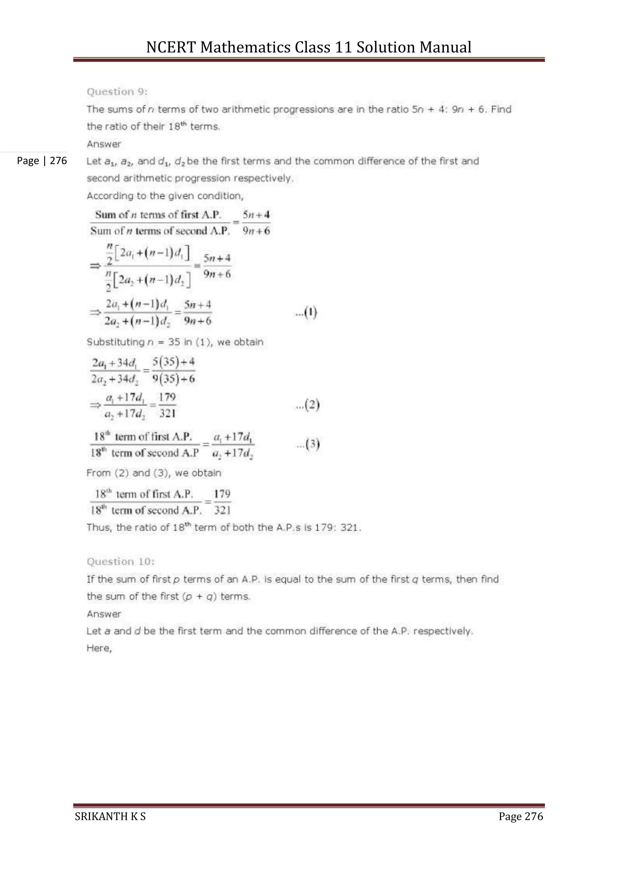 NCERT Mathematics Class 11 Solution Manual
SRIKANTH K S Page 276
Page | 276
 