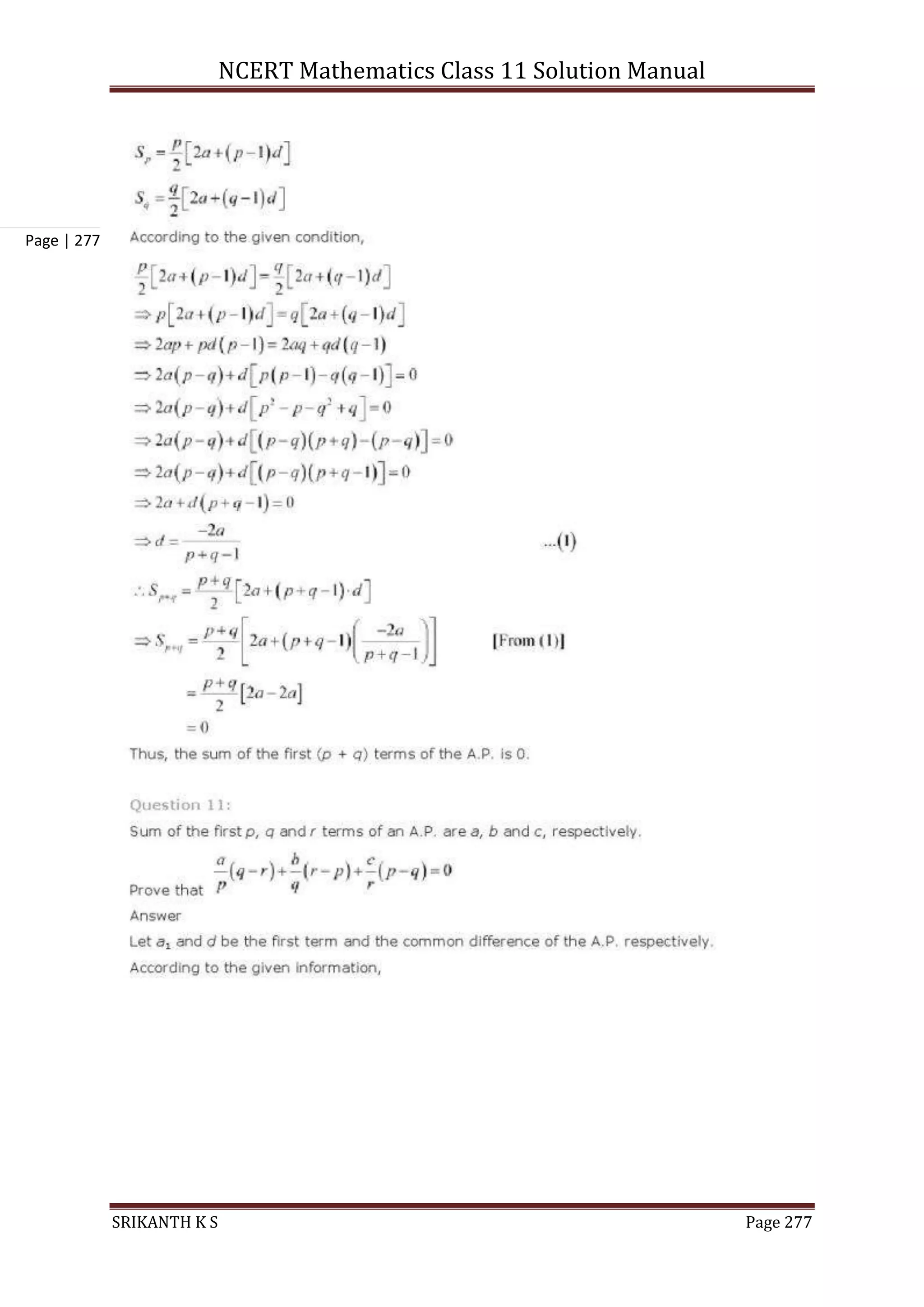 NCERT Mathematics Class 11 Solution Manual
SRIKANTH K S Page 277
Page | 277
 