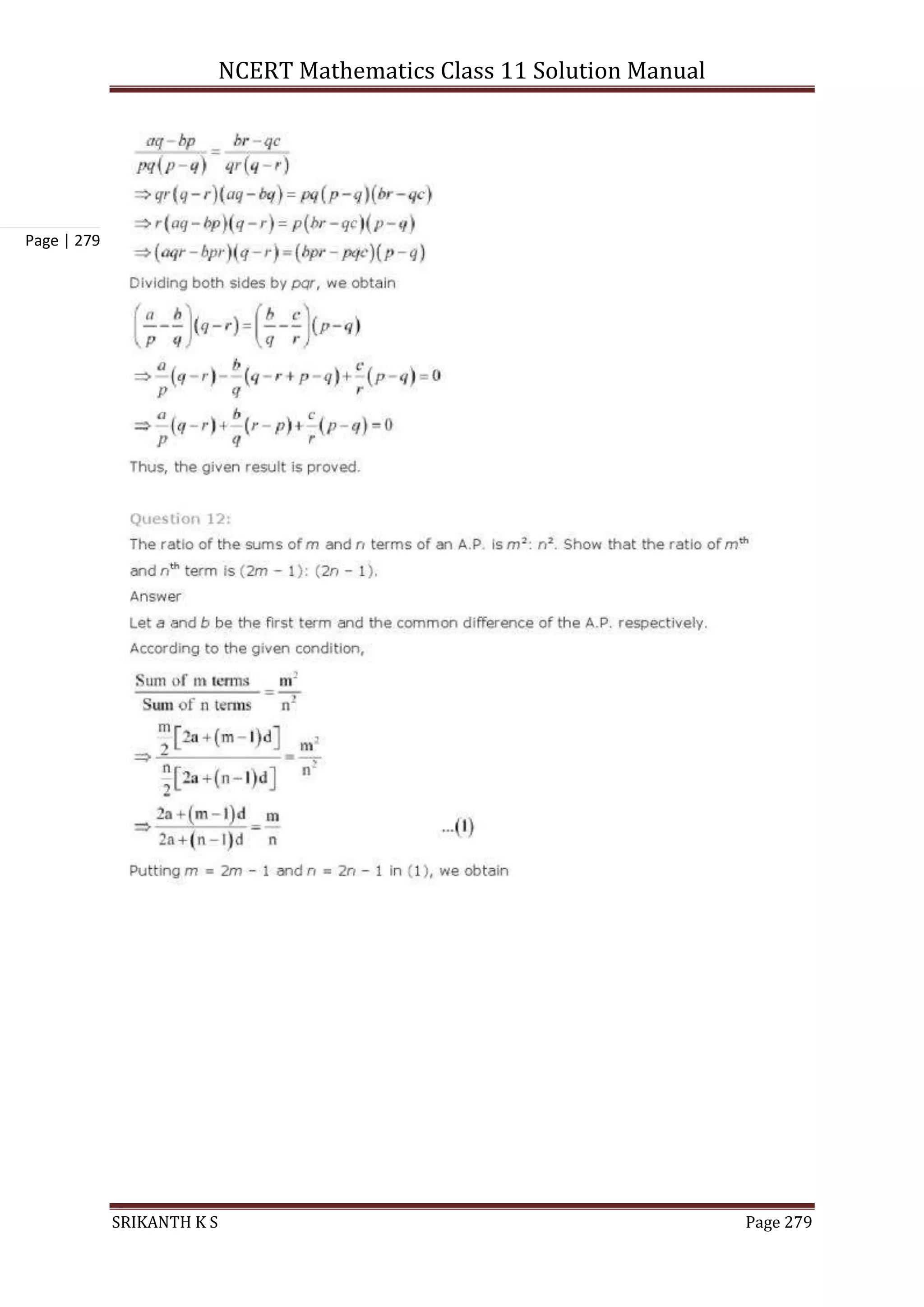 NCERT Mathematics Class 11 Solution Manual
SRIKANTH K S Page 279
Page | 279
 