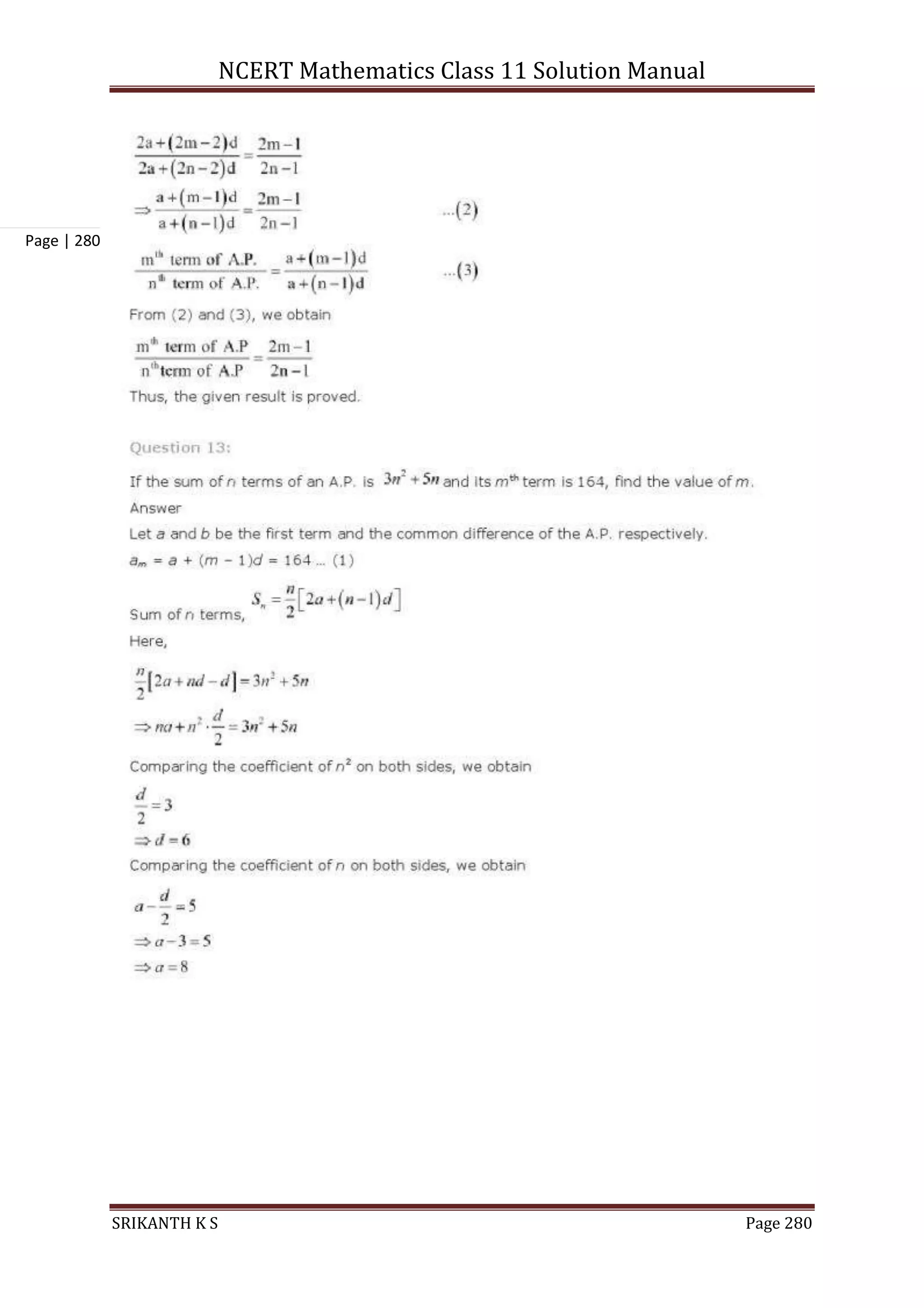 NCERT Mathematics Class 11 Solution Manual
SRIKANTH K S Page 280
Page | 280
 