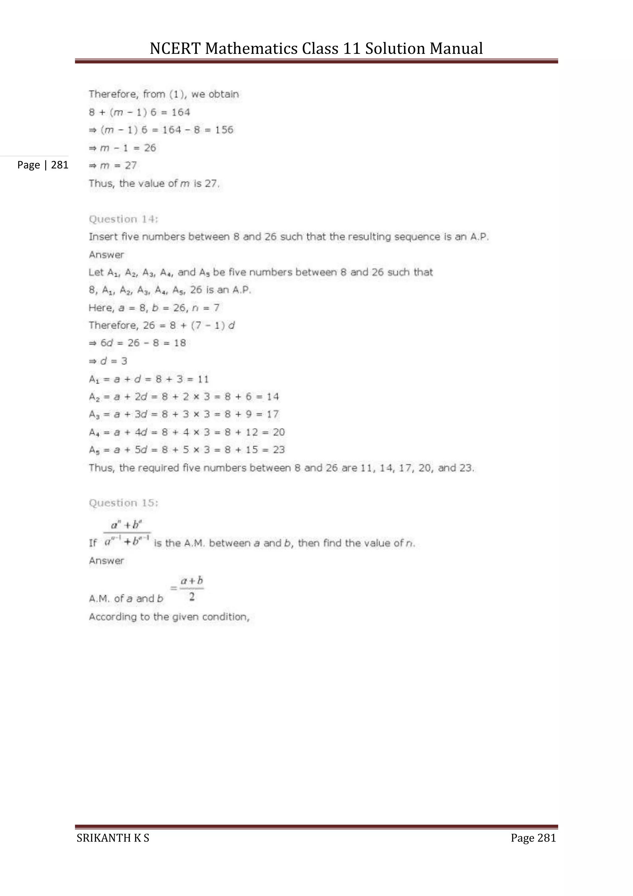 NCERT Mathematics Class 11 Solution Manual
SRIKANTH K S Page 281
Page | 281
 