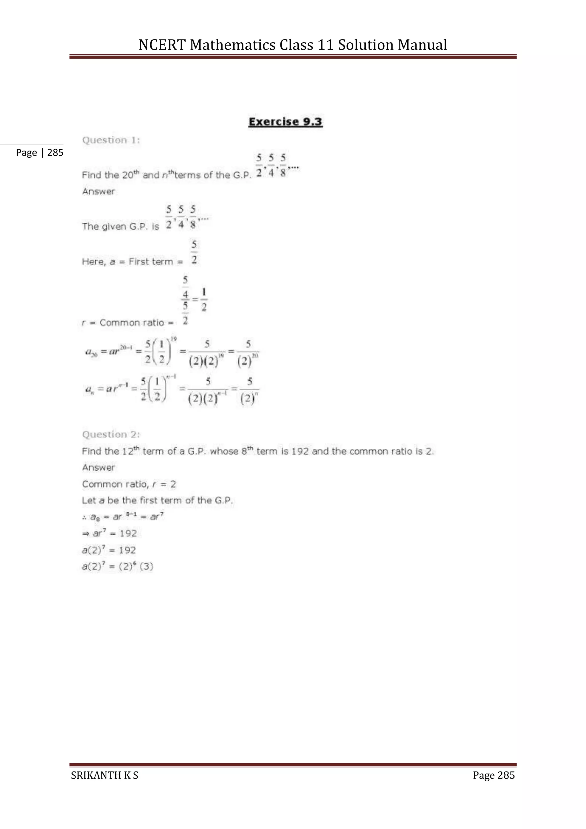 NCERT Mathematics Class 11 Solution Manual
SRIKANTH K S Page 285
Page | 285
 