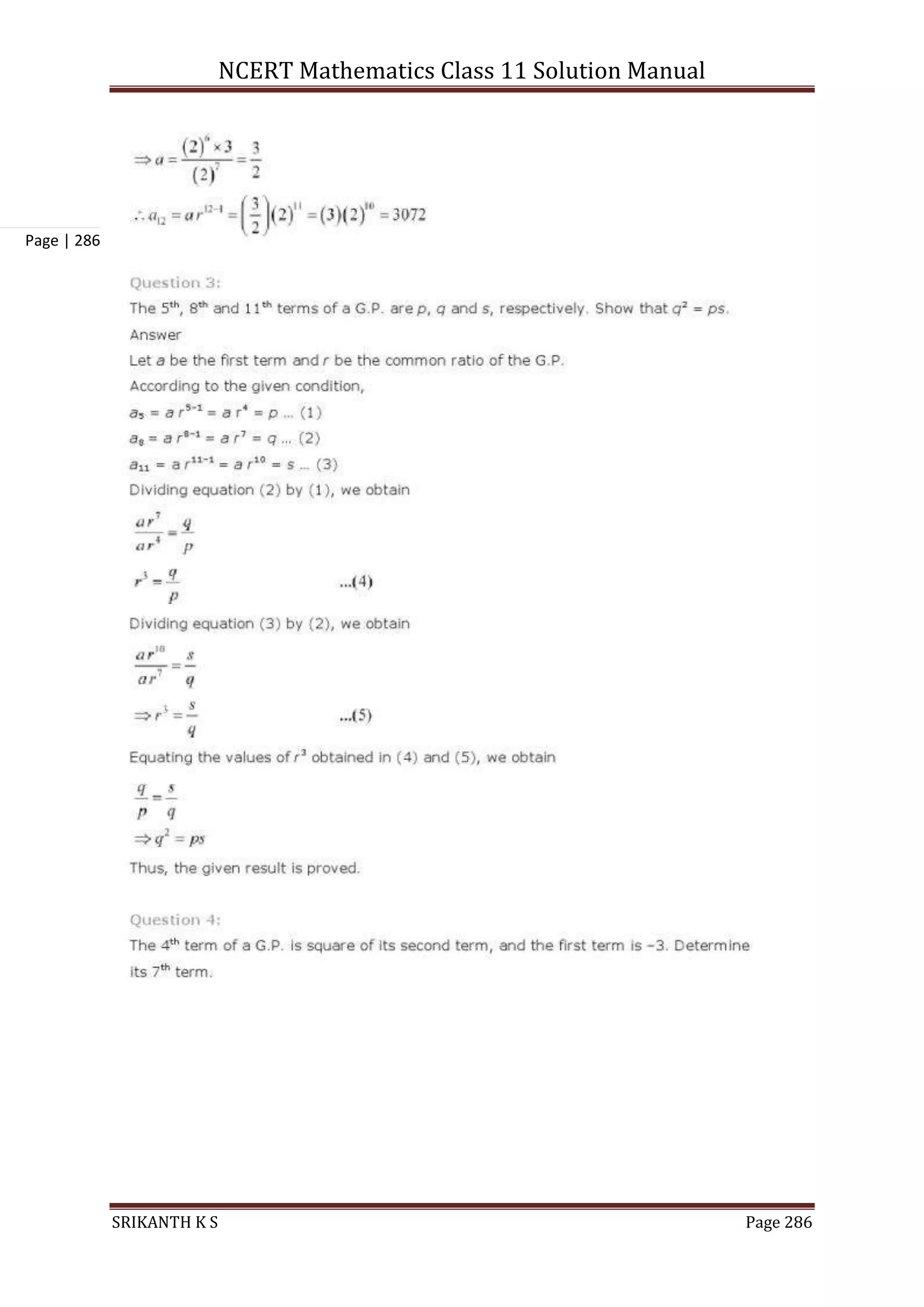 NCERT Mathematics Class 11 Solution Manual
SRIKANTH K S Page 286
Page | 286
 